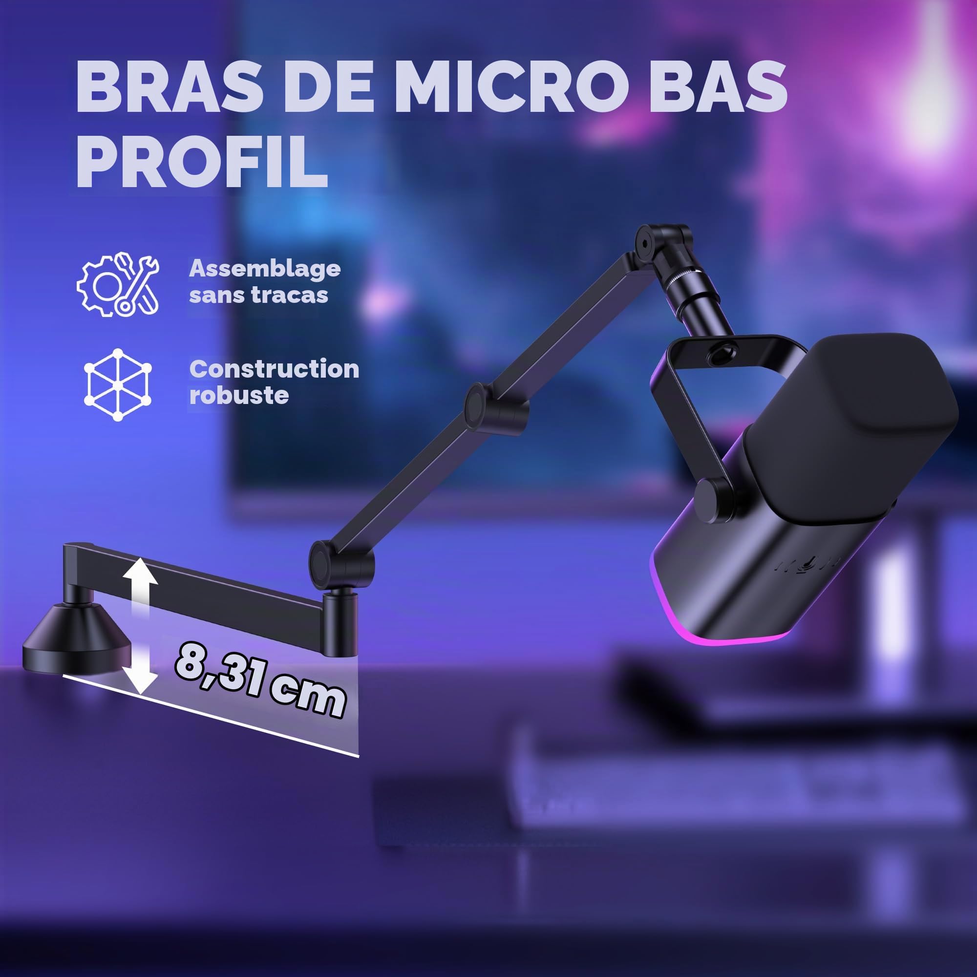 InnoGear Bras de micro à profil bas, rotatif à 360 °, bras de microphone pliable avec adaptateur de 0,95 cm à 1,5 cm pour Fifine AM8 K669B Blue Yeti HyperX QuadCast SoloCast AT2020 et autres micros