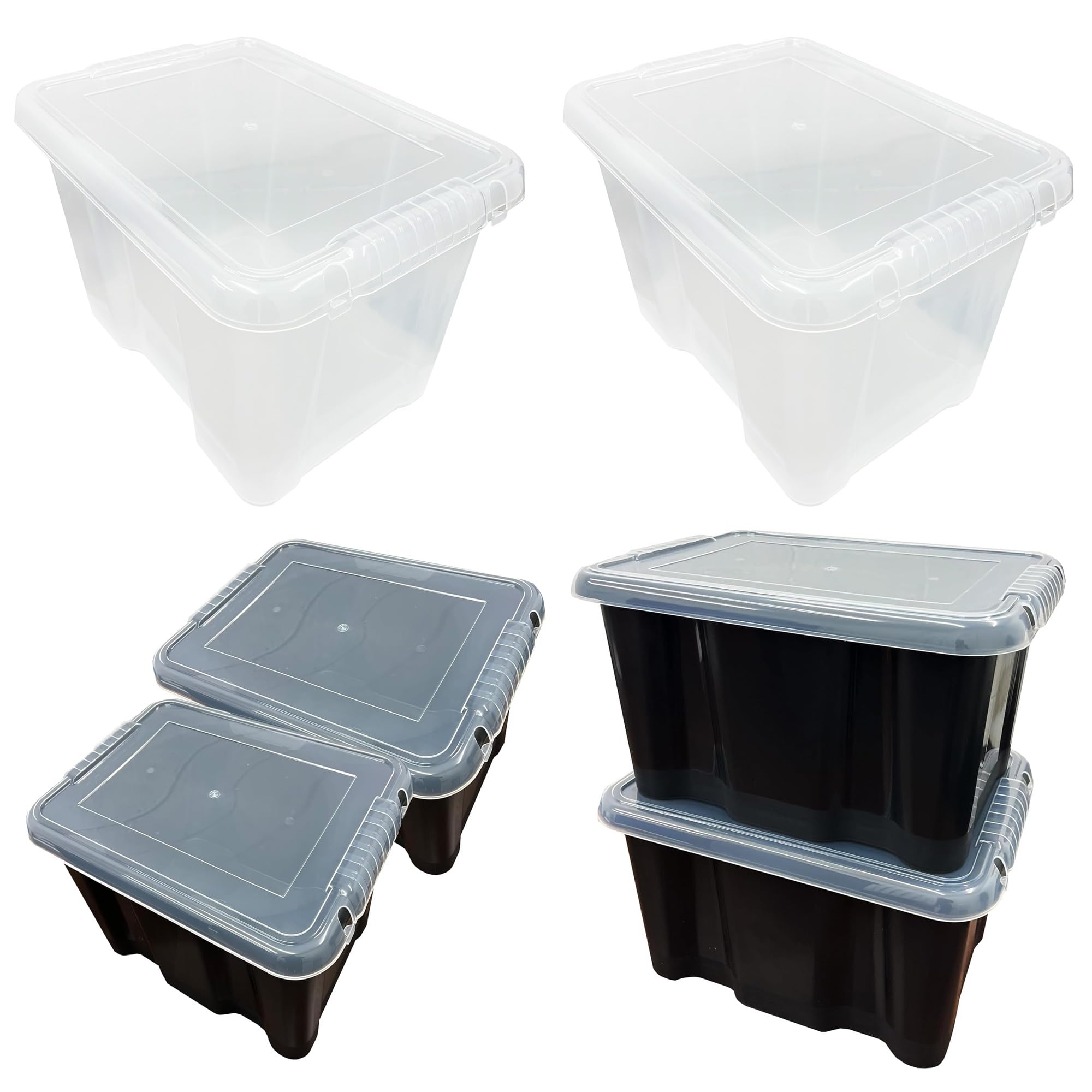Pluto PackagingClear Or Black Large Spacious 24 Litre Strong Home Office Stackable Storage Boxes Complete With Lids (Clear, 3 Storage Boxes)