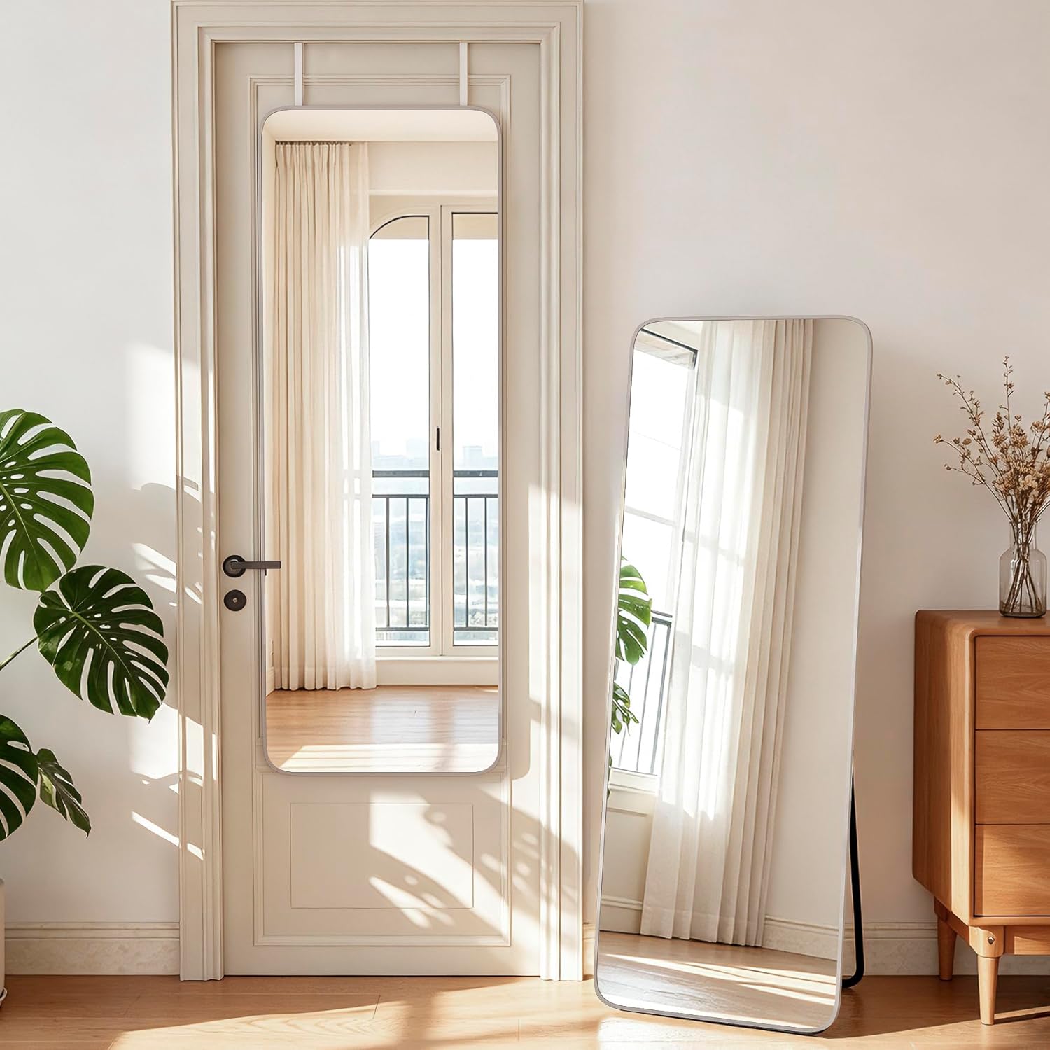 NARCISSUS 57x20 Mirror Door Hanging Full Length Body with Floor Stand or Wall Mounted Metal Aluminum Frame Tempered Glass Rectangle Mirrors for Bedroom Dressing Living Room Bathroom 57 inch Silver