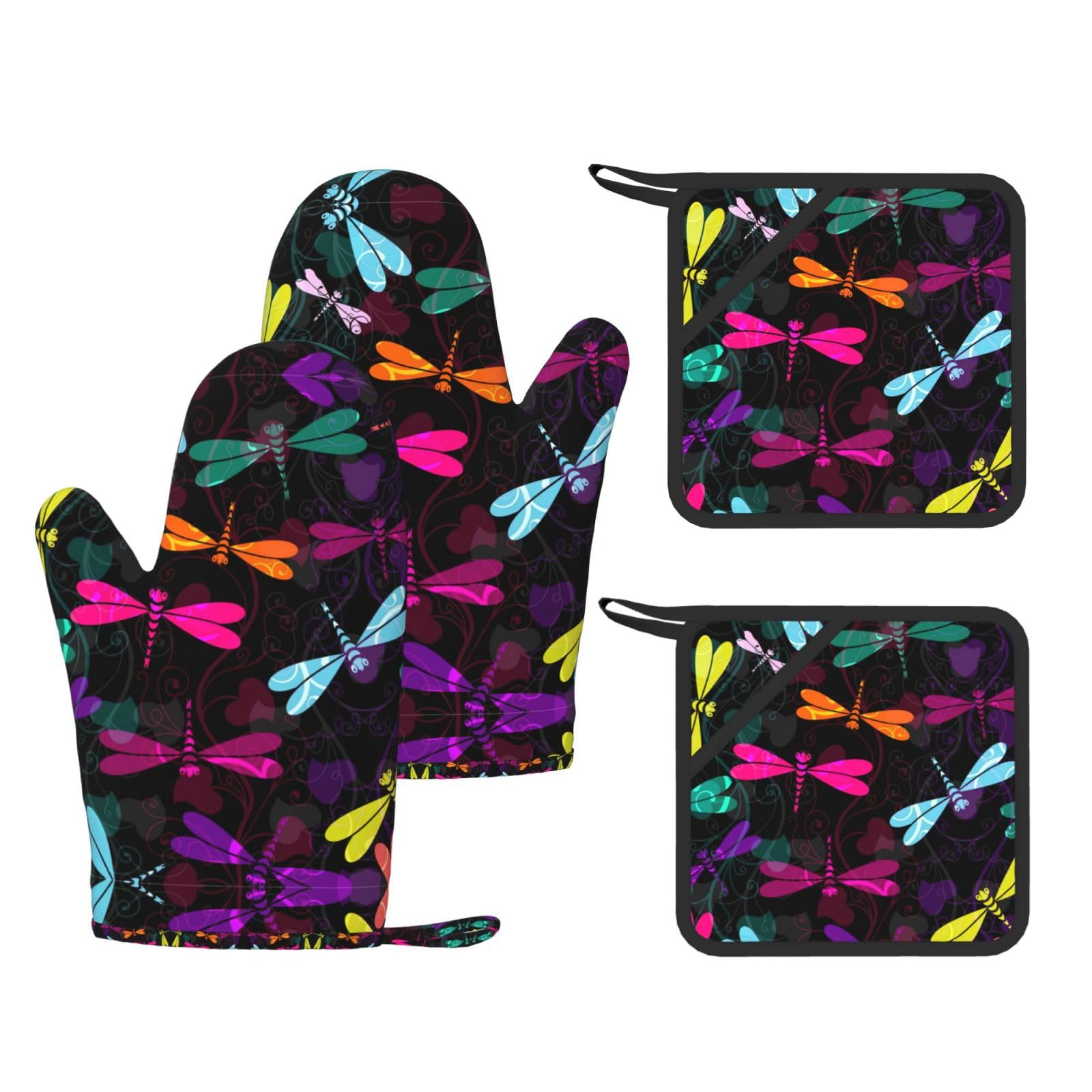 Cute Dragonfly Trendy Printed Kitchen Set with Heat Resistant Gloves & Non-Slip Hot Pads for Baking & Grilling