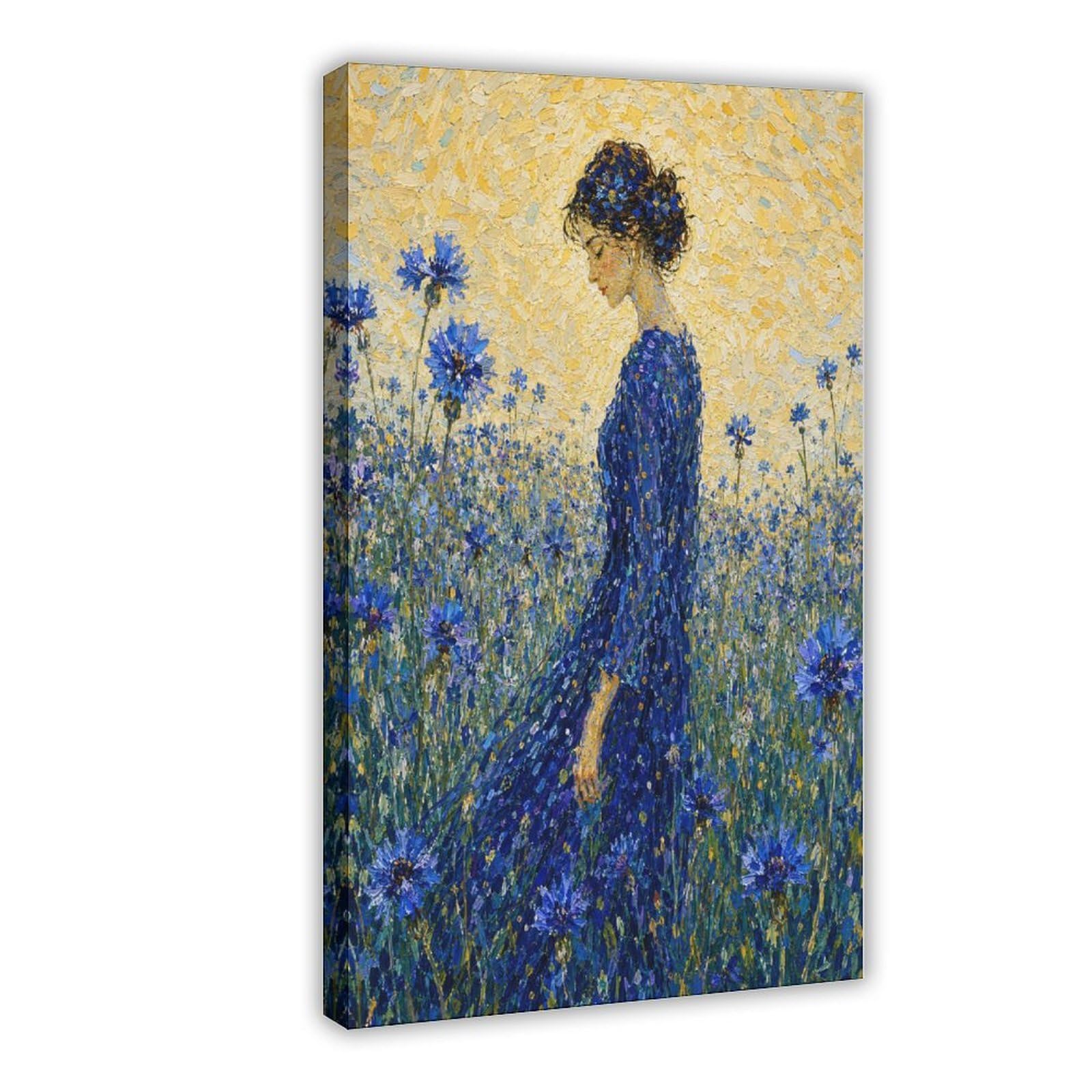 W7c8u2x3 Frame-Style-13 Woman In Blue Flower Field Canvas Wall Art, Floral Art Dorm Room
