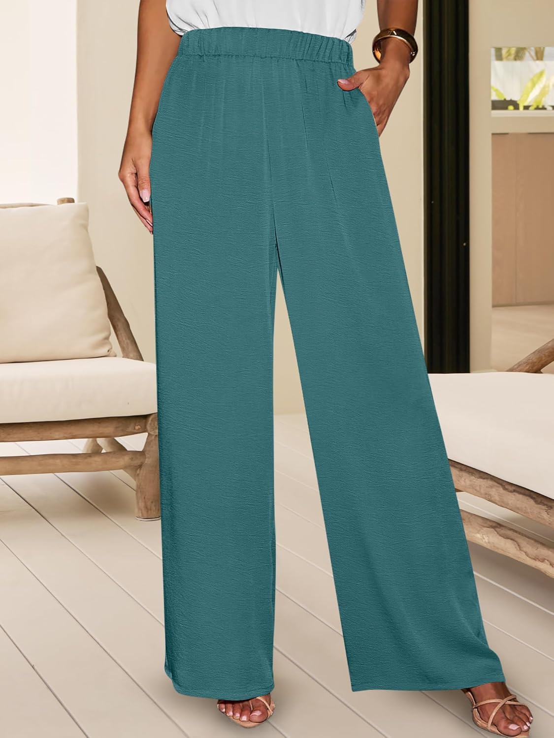 ANRABESS 2 Piece Sets for Women Lounge Outfits Summer V Neck Cap Sleeve Top Wide Leg Pants Vacation Beach Travel Set - Image 6