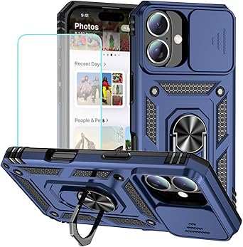 Case for iPhone 16 Case, Apple 16 Case with Tempered Glass Screen Protector and Slide Camera Cover, 360 Rotate Ring Stand Magnetic Cover for iPhone 16 Blue