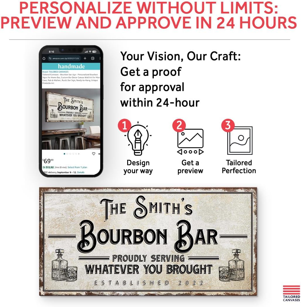 TAILORED CANVASES - Bourbon bar sign - Personalized Bourbon Signs for Home Bar, Custom Bar Decor Canvas Wall Art for Man Cave, Pub & Kitchen, Rustic Bar Sign, Ready-to-Hang, Unique Printable Art
