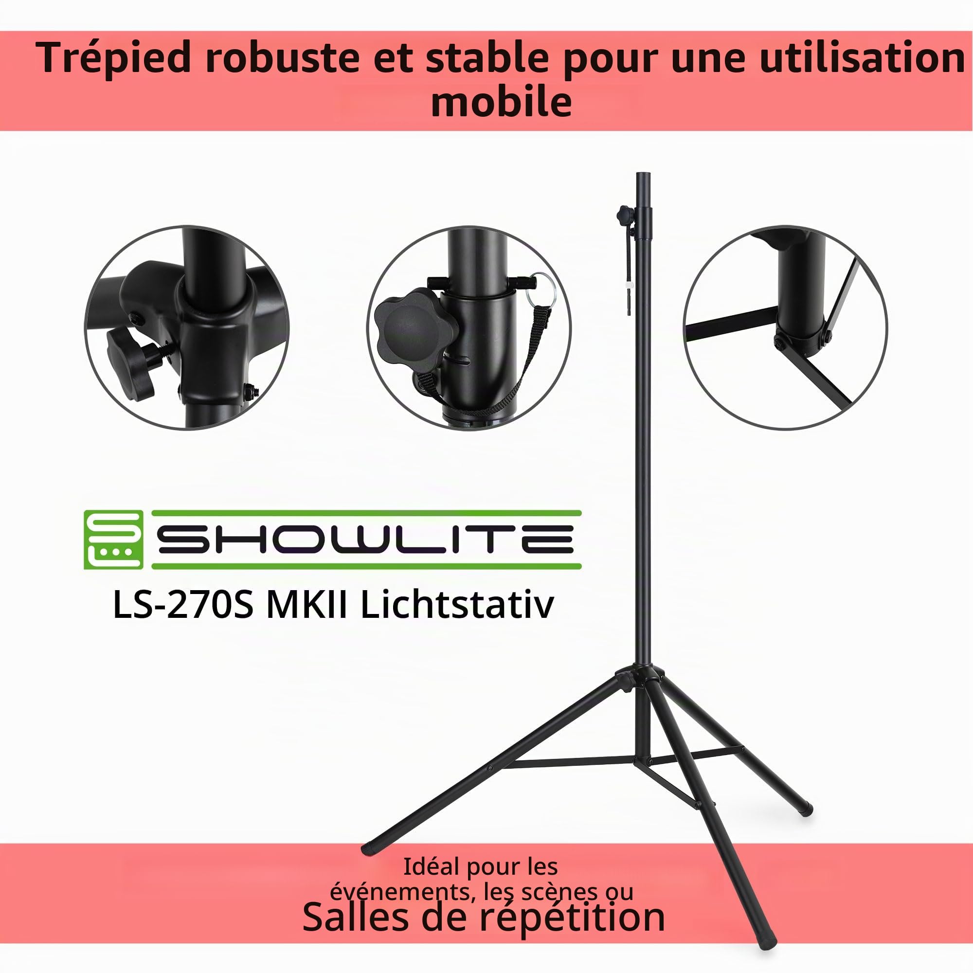 Showlite LS-270S Set Double De Trépied D'Éclairage (trépied pour enceintes solide en aluminium avec pied tripode inclus, adaptateur de trépied compatible pour 2 projecteurs) Noir