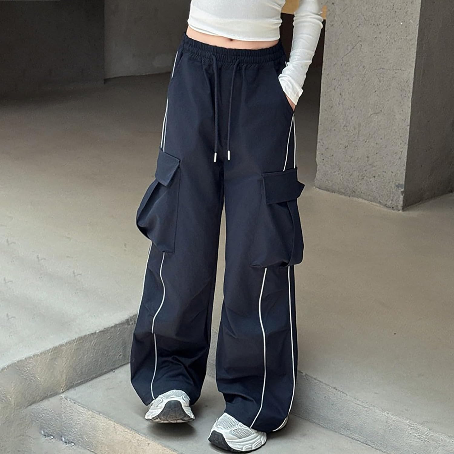 Girls Wide Leg Cotton Cargo Pants Kids Elastic High Waist 𝐃rawstring Trousers Teen Summer Fashion Baggy Casual Long