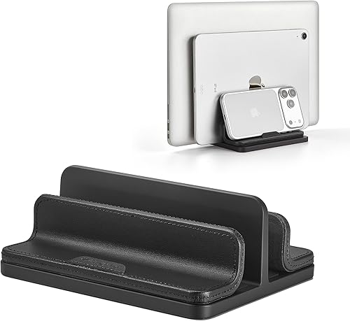 Soporte vertical dual para laptop, 3 en 1, soporte vertical de escritorio con base ajustable (hasta 17.3 pulgadas), organizador de escritorio de