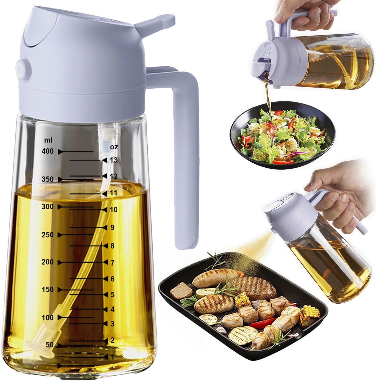 16oz/470ml Glass Olive Oil Sprayer for Cooking - 2 in 1 Olive Oil Dispenser for Kitchen Gadgets, Air Fryer, Salad, and BBQ - Assorted Color