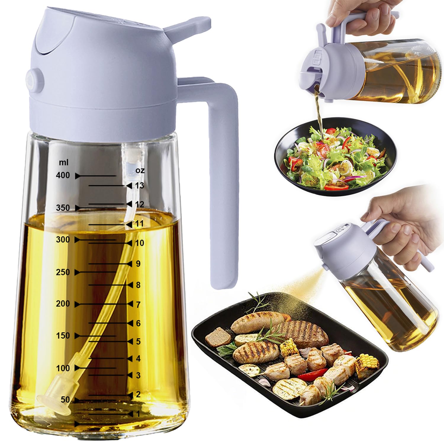 TrendPlain 16oz Ölsprüher für Speiseöl – 470ml Olivenöl Flasche – 2-in-1 Ölspender und Ölsprüher – Küchen Gadgets für Kochen, Salat und Grill