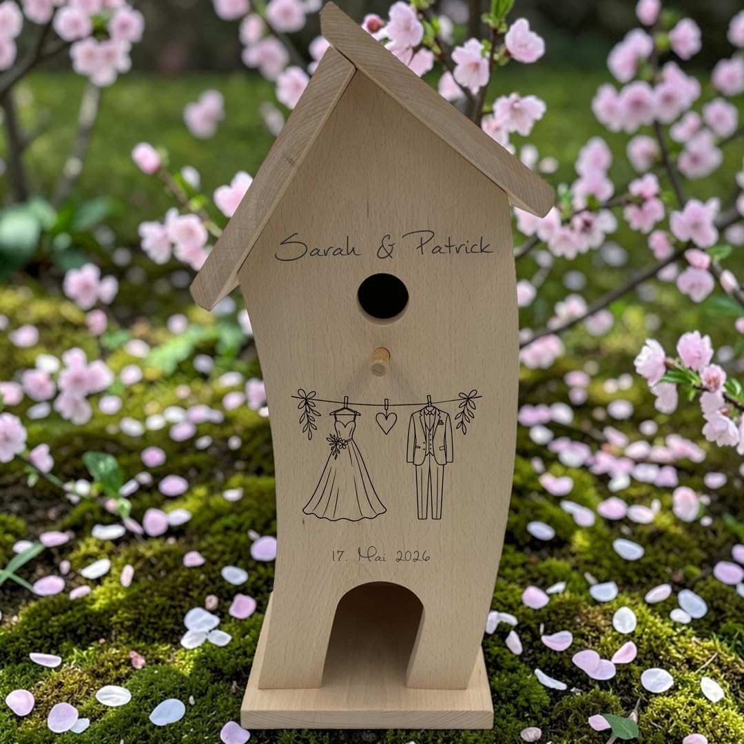 Personalisiertes Vogelhaus zur Hochzeit | Vogelhaus mit Namen als Gravur (Wäscheleine, Standard)