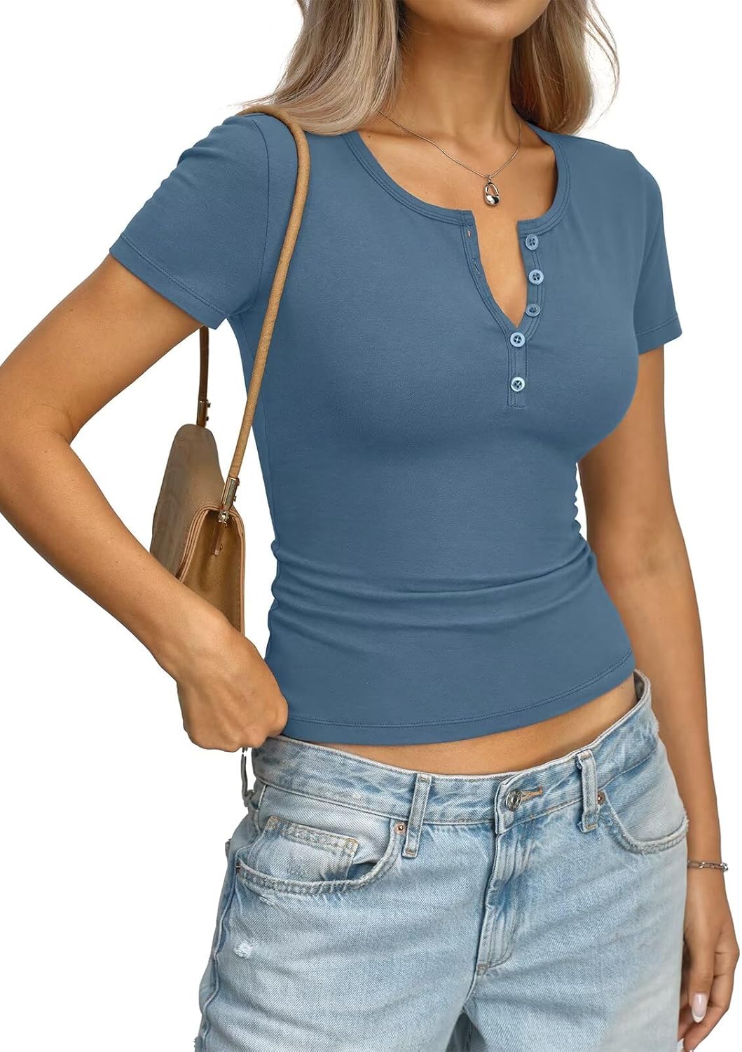 Womens Cotton Short Sleeve Shirts V Neck Henley Tops Fitted Basic Going Out Tshirts Summer Fashion Outfits 2026 - Image 3