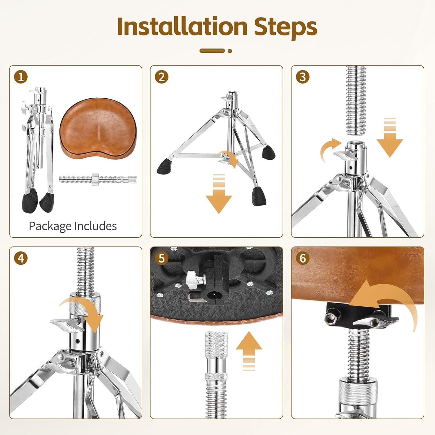 HEYOUTH Taburete de Batería Ajustable en Altura (45-56 cm), Plegable con Asiento Acolchado Antideslizante y Trípode – Estable Taburete para Baterista en Color Marrón para Bateristas y Percusionistas