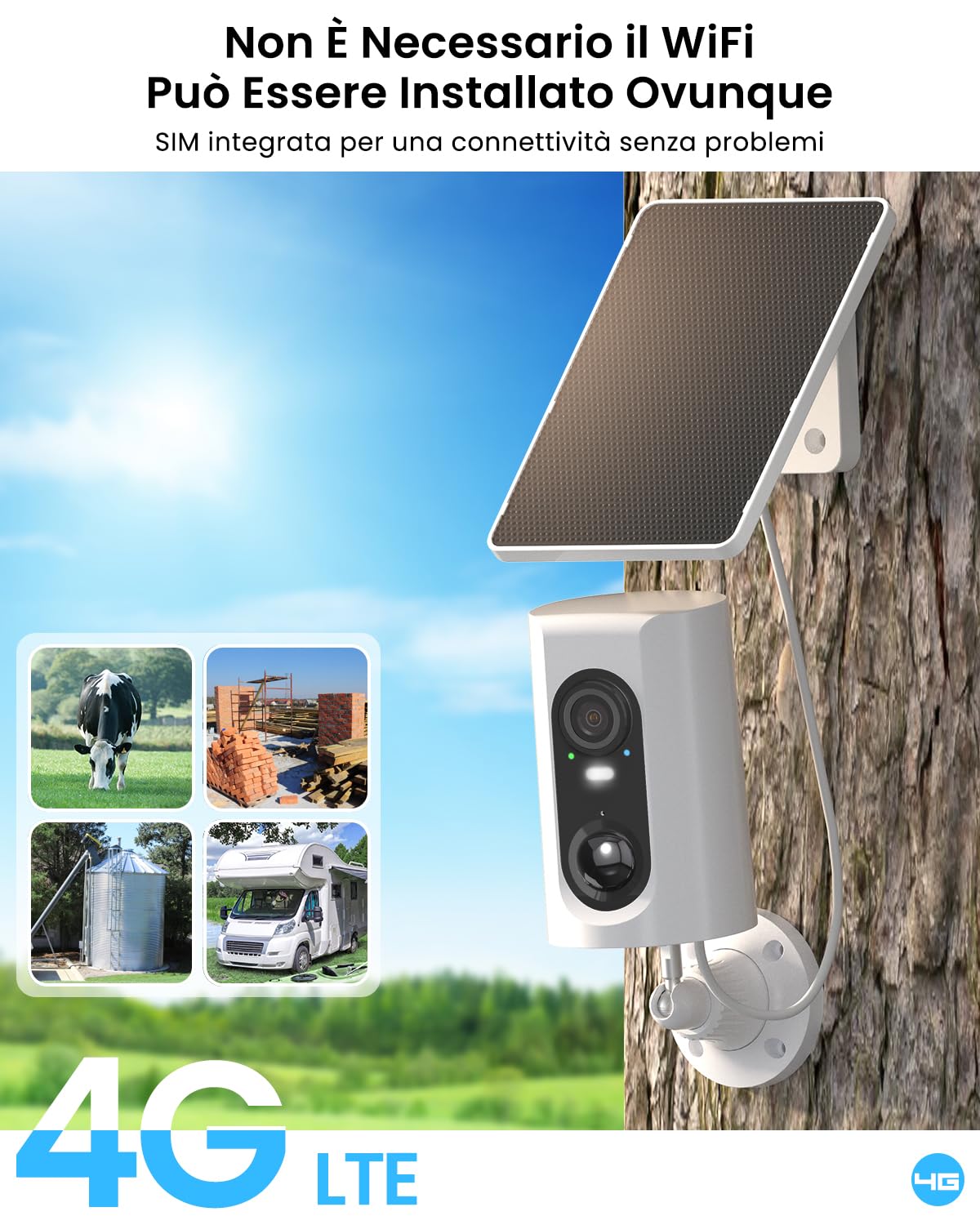 ANRAN 4G LTE Telecamera Esterno Senza Fili con Pannello Solare e Batterie, SIM+32GB SD Card Inclusa, 2K Telecamera Solare con SIM, NO WiFi, PIR Rilevamento, Visione Notturna a Colori, Audio a 2 vie,G3