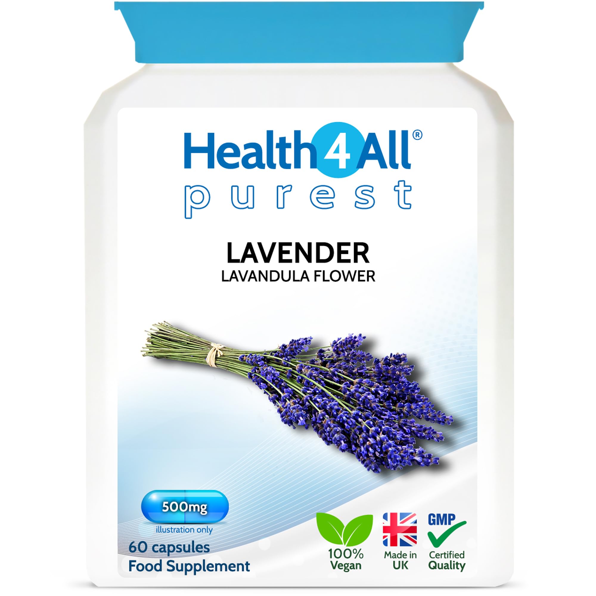 Health4All Lavender 500mg 60 Capsules, Purest - no additives. Vegan Lavender Flower Capsules (not Tablets or Oil) Supplement for Anxiety, Relaxation and Sleep Support | Made in UK