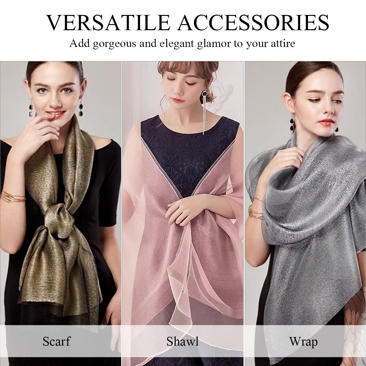 LumiSyne Foulard En Soie Organza à Double Épaisseur Femme Scintillants Écharpes Et Châles Pour Robe De Soirée Couleur Unie Avec Fil Dorée Tulle Léger Étole Magnifique Pour Mariage Mariée Fêtes