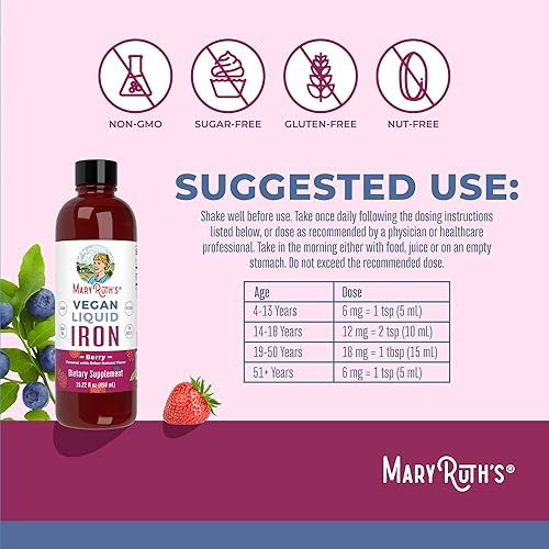 Miniatura 9 de MaryRuth's Liquid Morning Multivitamínico Frambuesa (32 onzas) y suplemento líquido de hierro (baya) | Clean Label Project Verified® | Vegano, sin