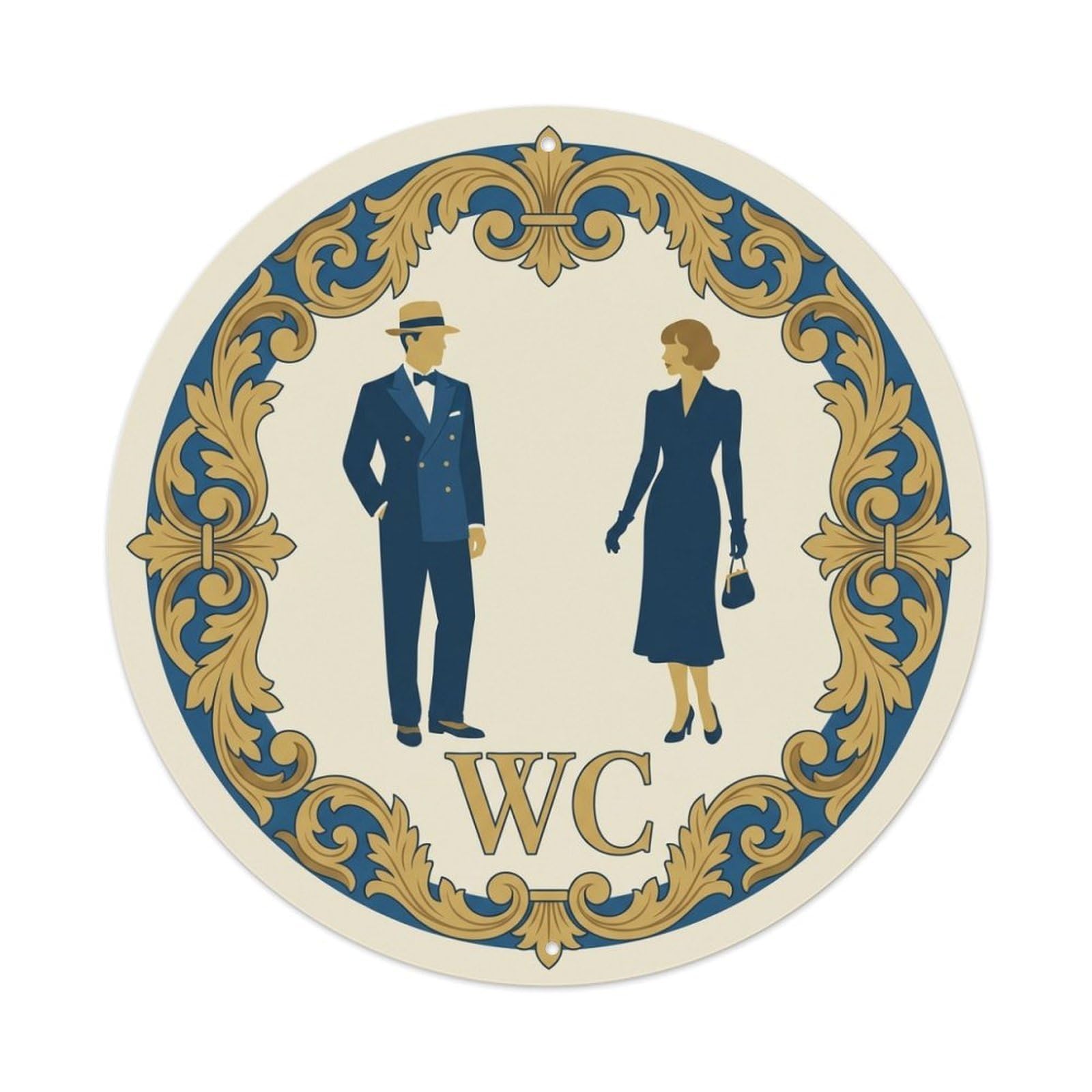 Restroom Notice WC Ivory Blue Floral Crest Metal Tin Sign