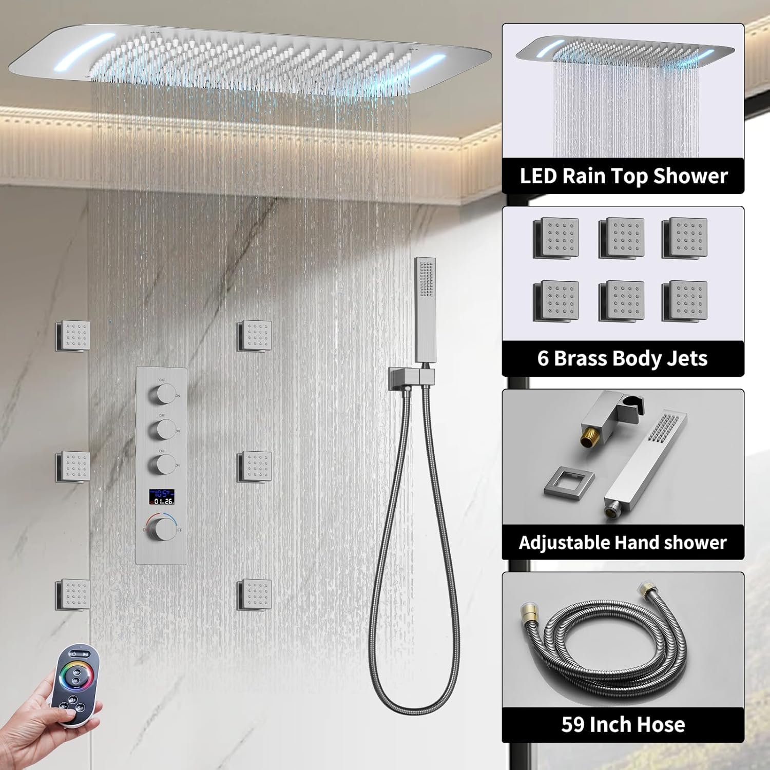 Brushed Nickel Shower System Digital Display Full Body Shower Faucet Set with 16 x 26 Inch Ceiling Rain LED Shower Head, Handheld Shower and 6 PCS Body Jets