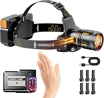 LED Headlamp Rechargeable 3500 Lumens, Dual Beams Headlights Super Bright with 12 Modes & IPX6 Long Runtime Warning Light, Motion Sensor Head Lamp 120 Adjustable for Adult Camping Running