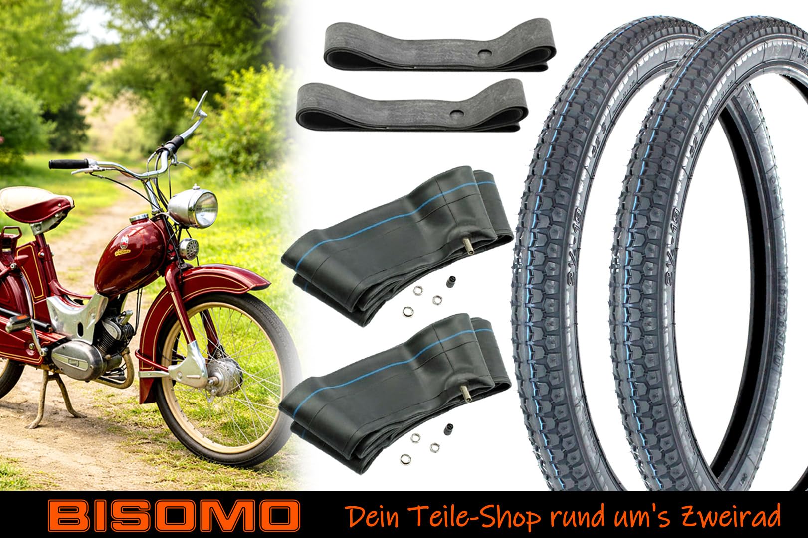 2x Reifen 2.25 x 19 Zoll, M3 Straßenprofil, M/C 32S + Schlauch TR4 gerade + Felgenband, kompatibel mit Simson SR2 Zündapp Kreidler hergestellt mit Heidenau