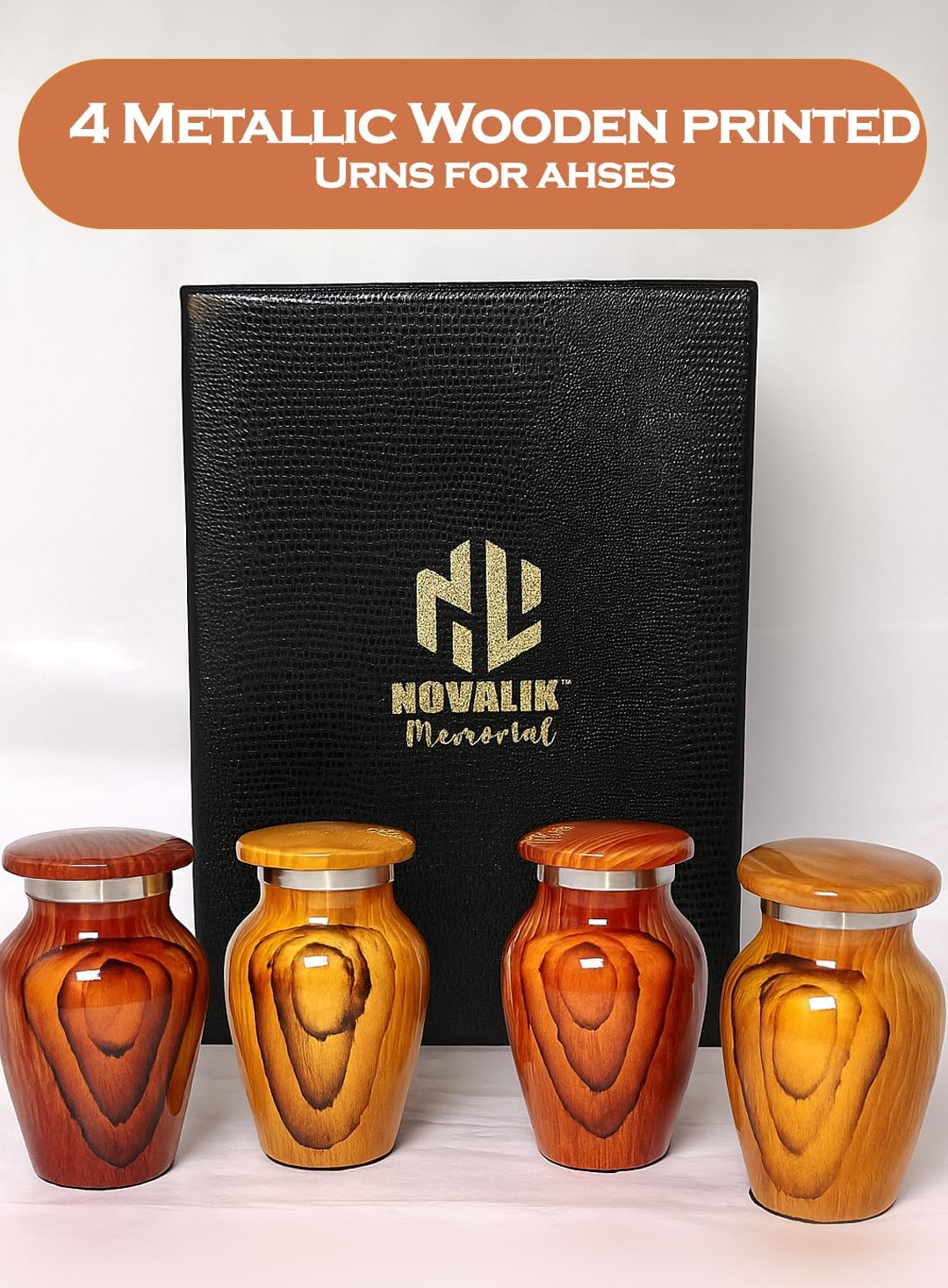 Wooden Print Mini urns for Human Ashes - Decorative Small Cremation Urn for Adult Male & Female - Keepsake Urns for Ashes for Cherished Memories with 4 Velvet Bags - (Set of 4)
