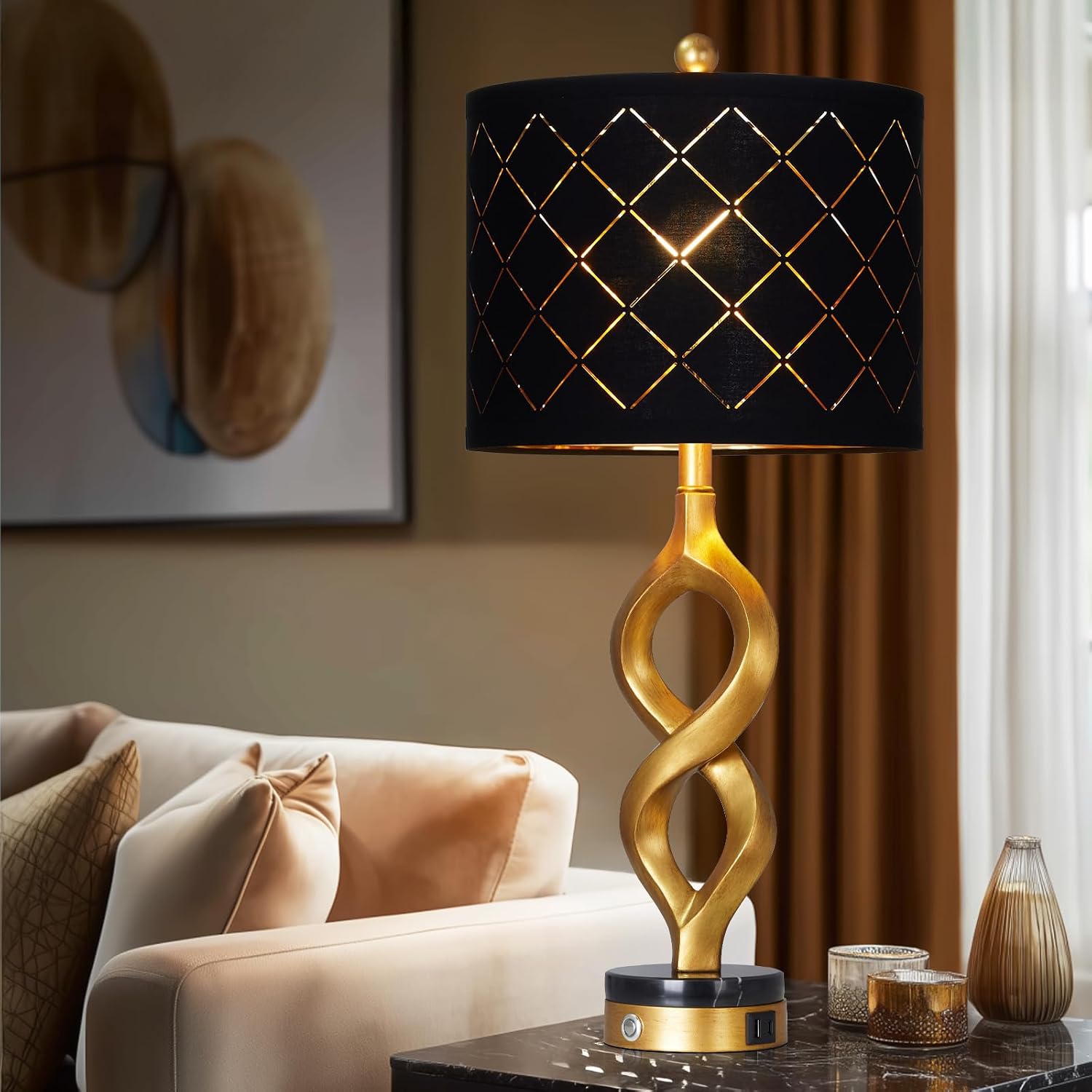 Cinyirong 30" Black and Gold Table Lamp for Living Room, Modern Touch Control Bedside Lamp for Bedroom, 3-Way Dimmable Sculptural Resin Nightstand Lamp with USB A+C Ports and 1 LED Bulb (1 Pack)