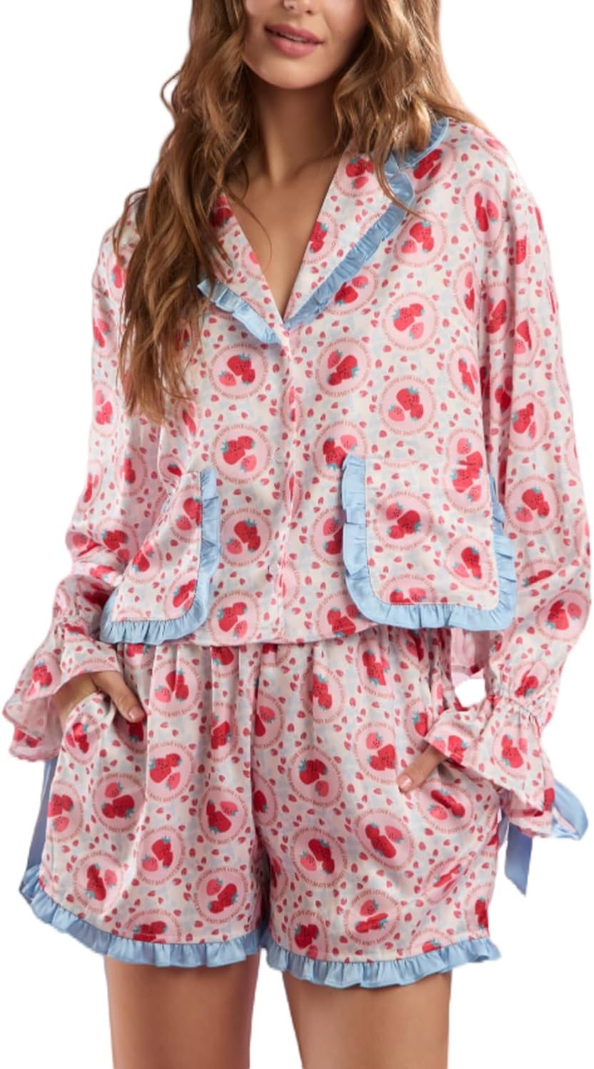 LILTWIST Cute Bow Pajamas for Women Silk Satin Y2k Floral Print 2 Piece Pjs Bow Tie Long Sleeve Shirt and Ruffle Shorts Sets