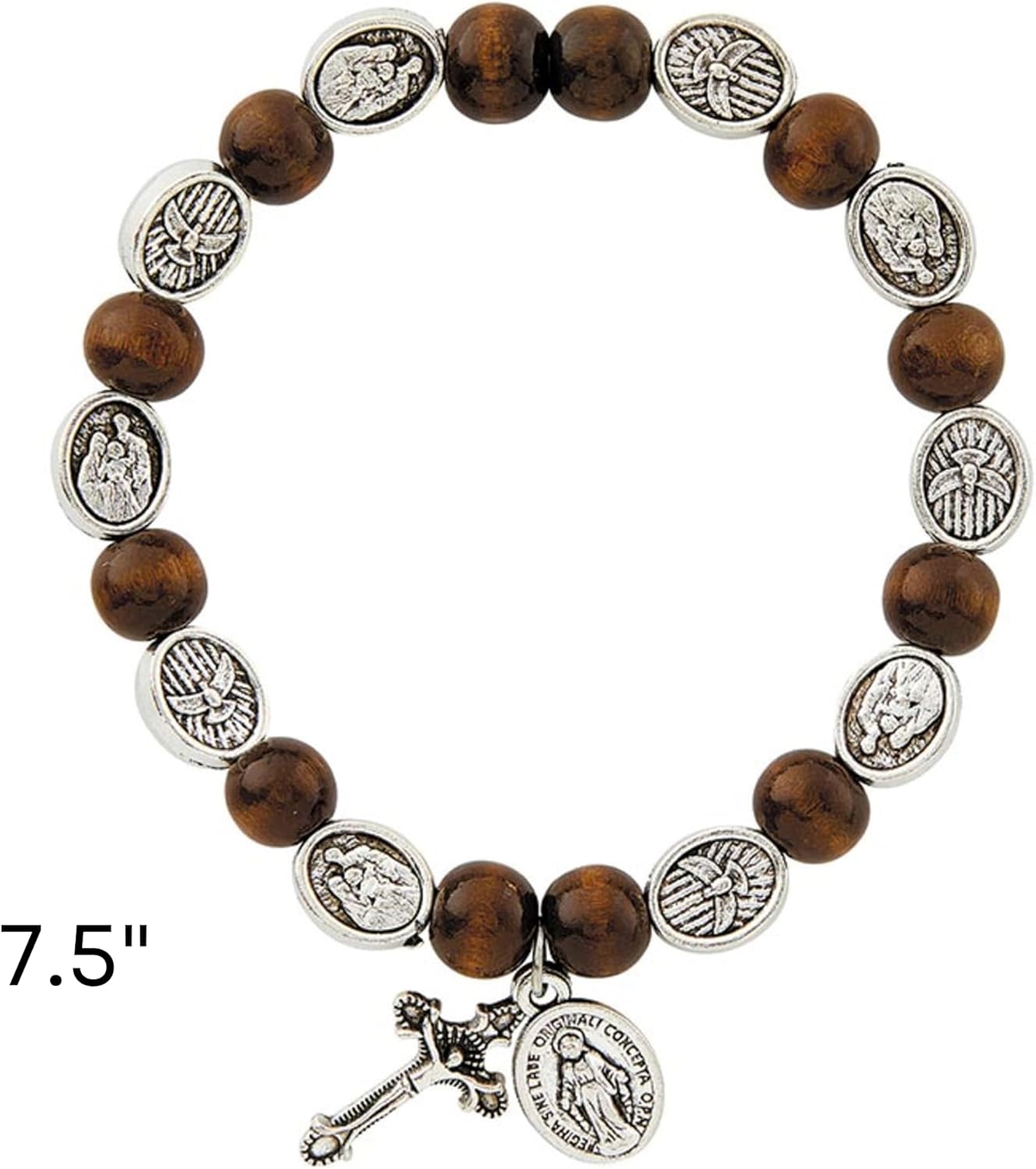 Needzo Brown Holy Family Rosary Stretch Bracelet, Natural Wood Beads with Crucifix Pendant, Catholic Jewelry Gifts, 7.5 Inches - Image 3