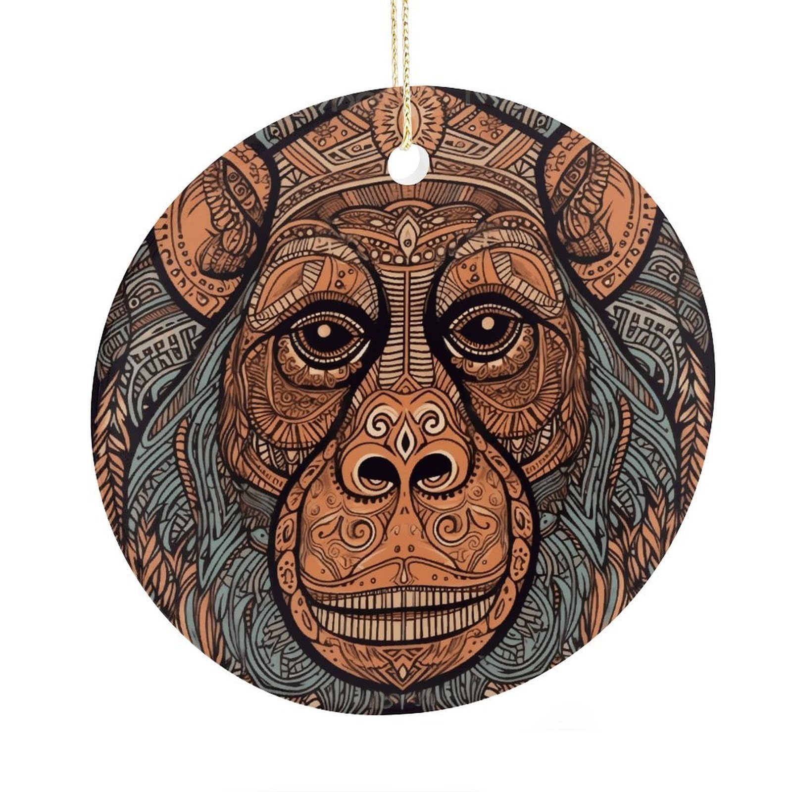 Fekiloot Style Orangutan Tribal Pattern Christmas Ornaments 2.9 Inch Round Ceramic Ornament Keepsake Thank You Gifts For Office, Room, Home - Holiday Present Ideas