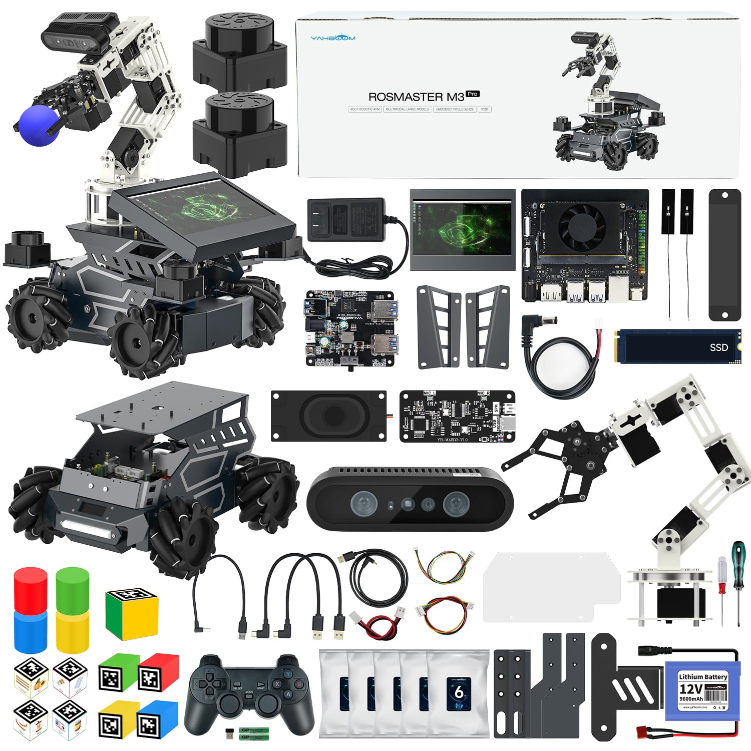 Yahboom ROS2 Robot Kit with Jetson Orin Nano 8GB Super Large AI Model with 6DOF Robotic Arm, 7-inch HD Display,AI Voice Interaction Module Provides AI Vision App Control