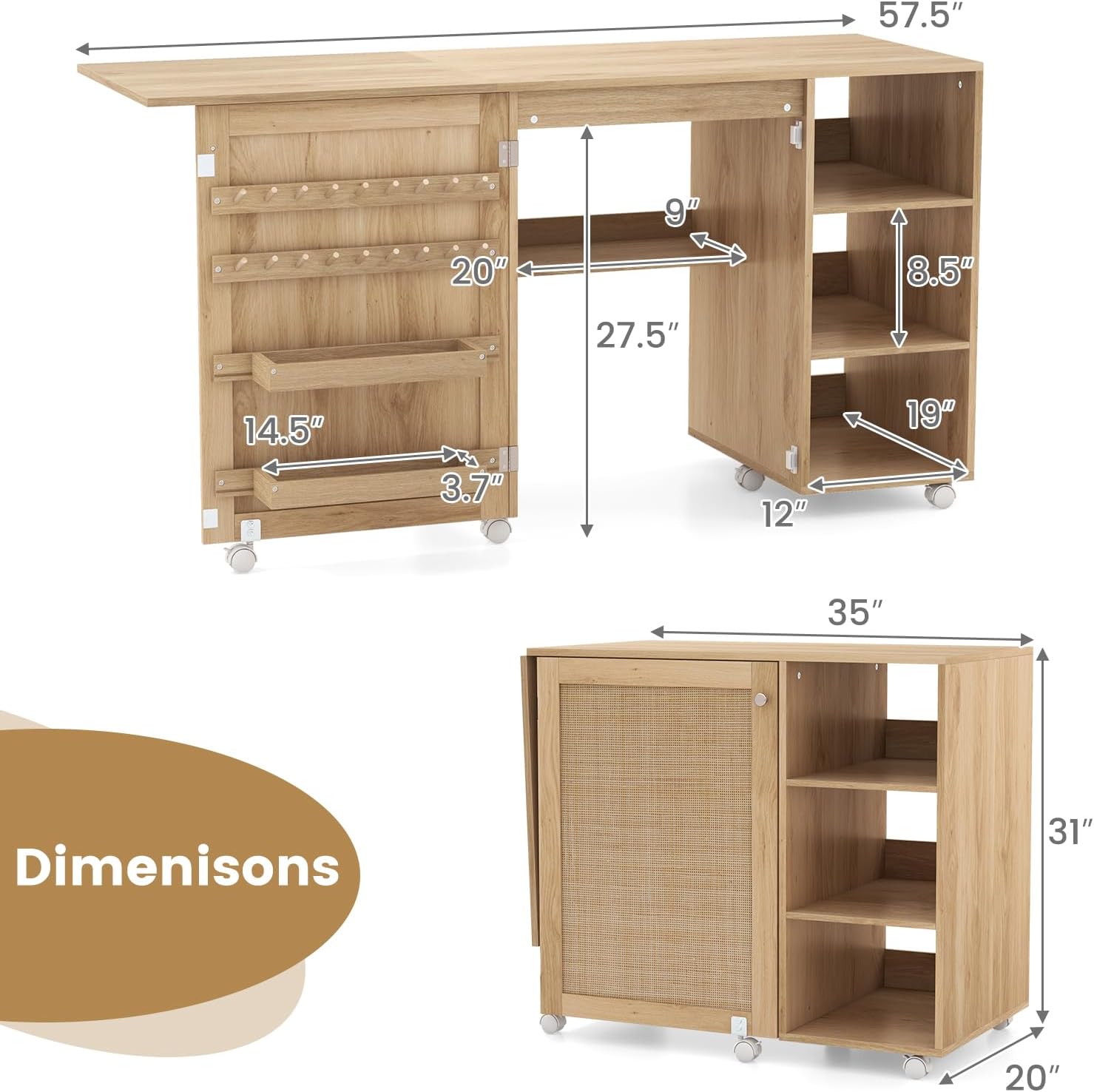 Diagram showing the dimensions of the sewing table in both extended and folded states.