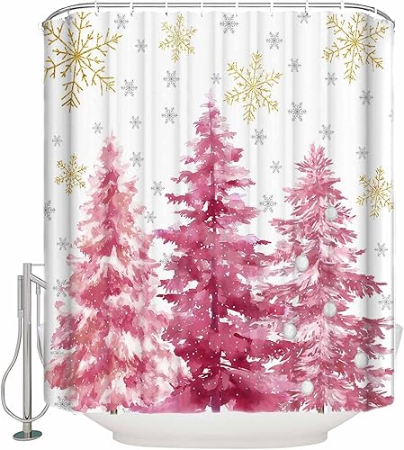 Cortina de ducha de Navidad, color rosa, árbol de Navidad, copos de nieve dorados, cortina de ducha lavable con ganchos, cortinas de ducha de tela