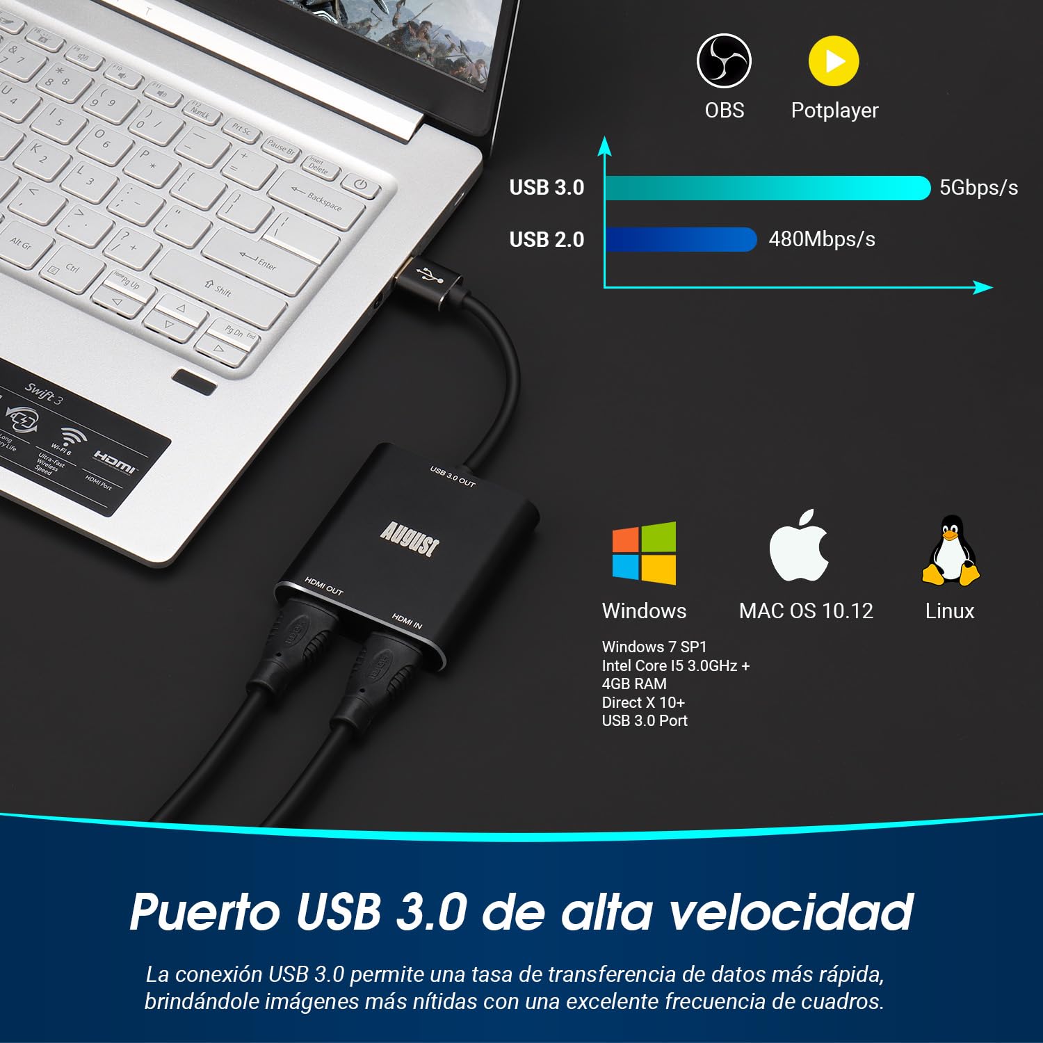 August VGB500 Transmisor Capturador HDMI - USB 3,0 Full HD 1080p 60fps - Capturador, Grabador y Transmisor Compatible con PS4, PS5, Xbox One y Switch para PC, Mac & Linux
