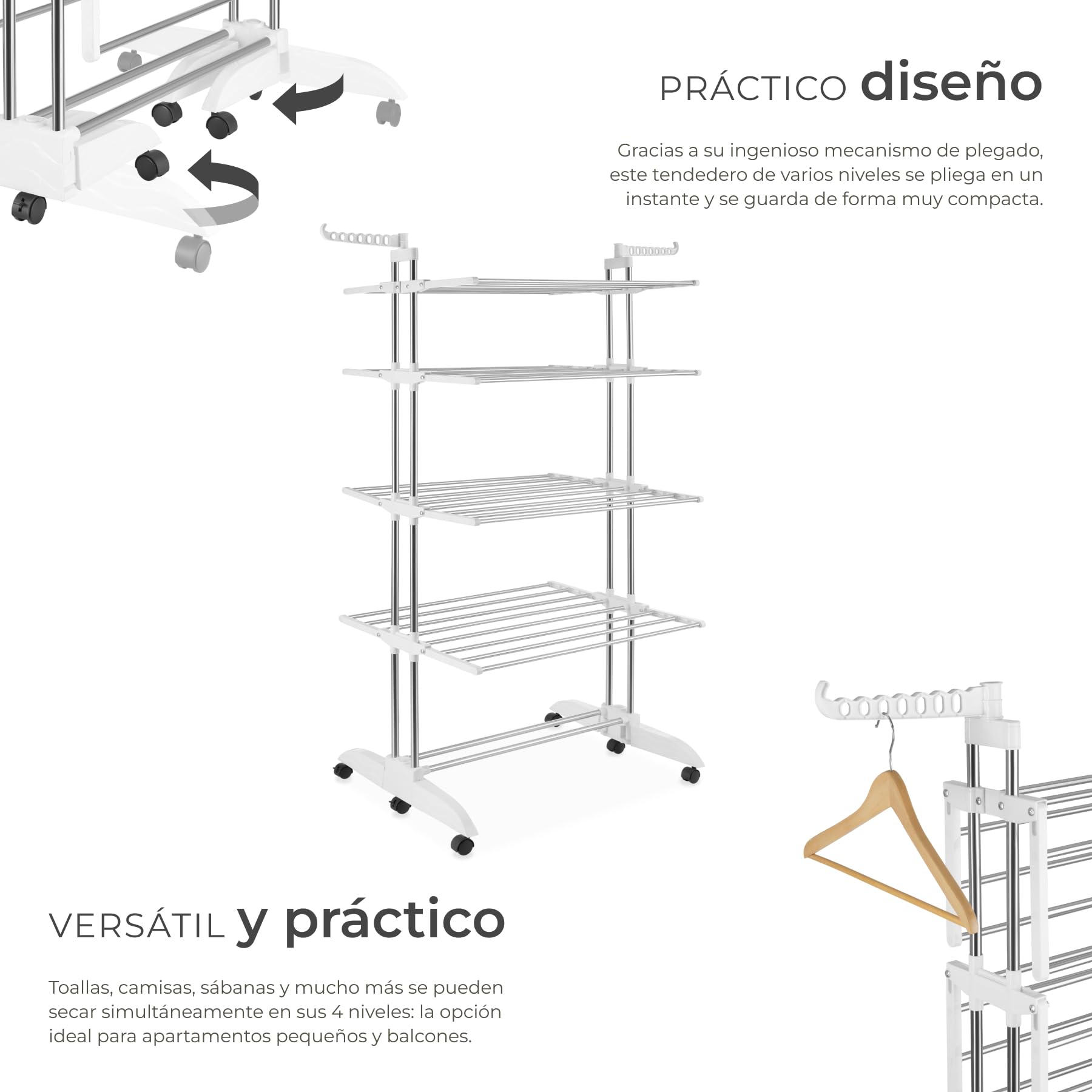 tectake® Tendedero de Torre 4 Pisos Plegable con Ruedas y Alas Abatibles