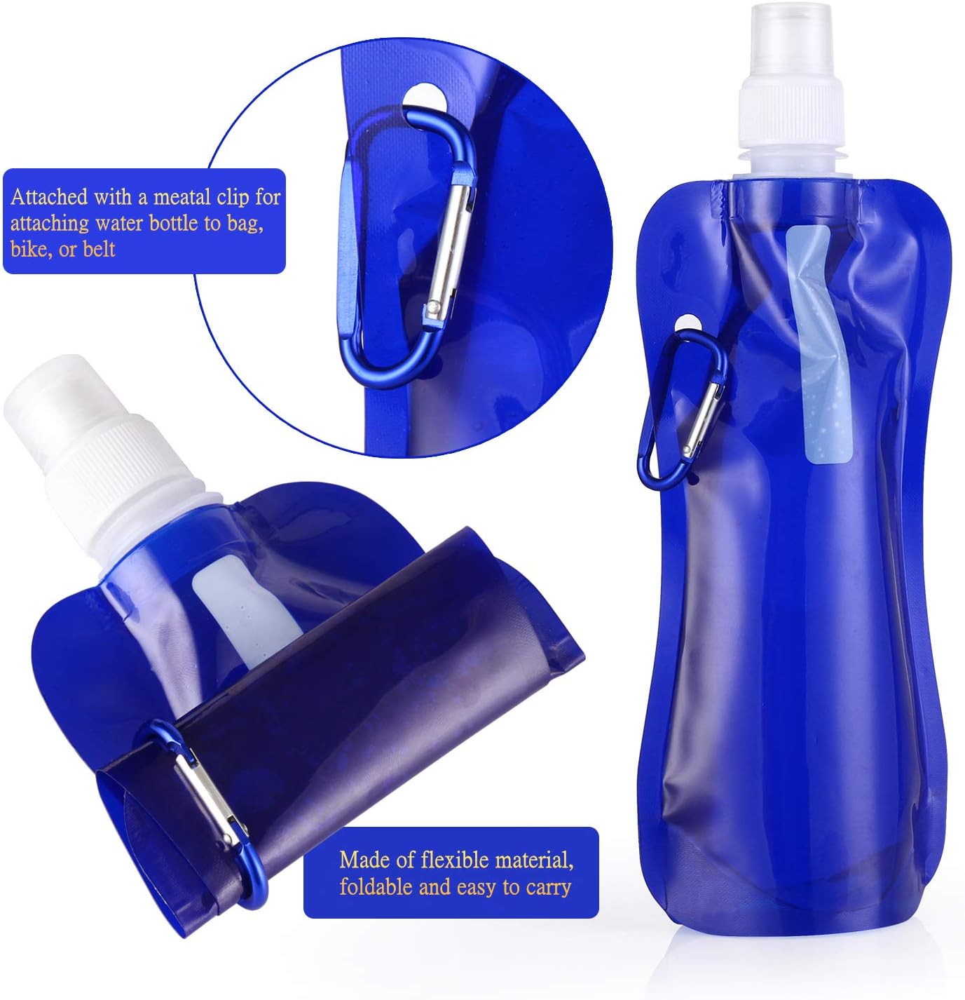 recyco Collapsible Water Bottle, Portable Foldable Leakproof BPA Free Drinking Water Bottle with Carabiner for Travel Sports 16 oz,10 Pcs(5 Colors)