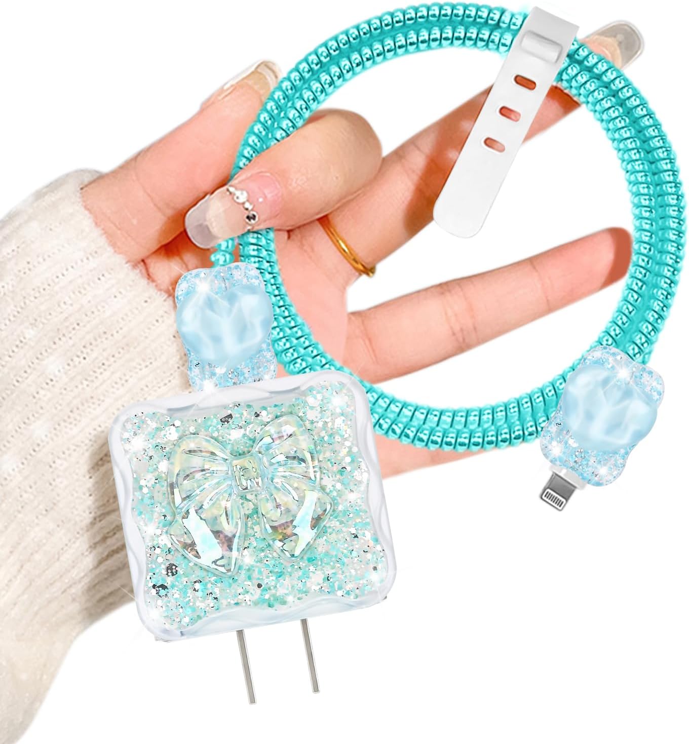 Glitter DIY Cable Protector for Apple 18W/20W Power Adapter, Sparkle Luxury Crystal Bow Tie Heart Design Clear Soft Data Line Cable Wire Saver Phone Charging Protector for iPhone Charger-Pink