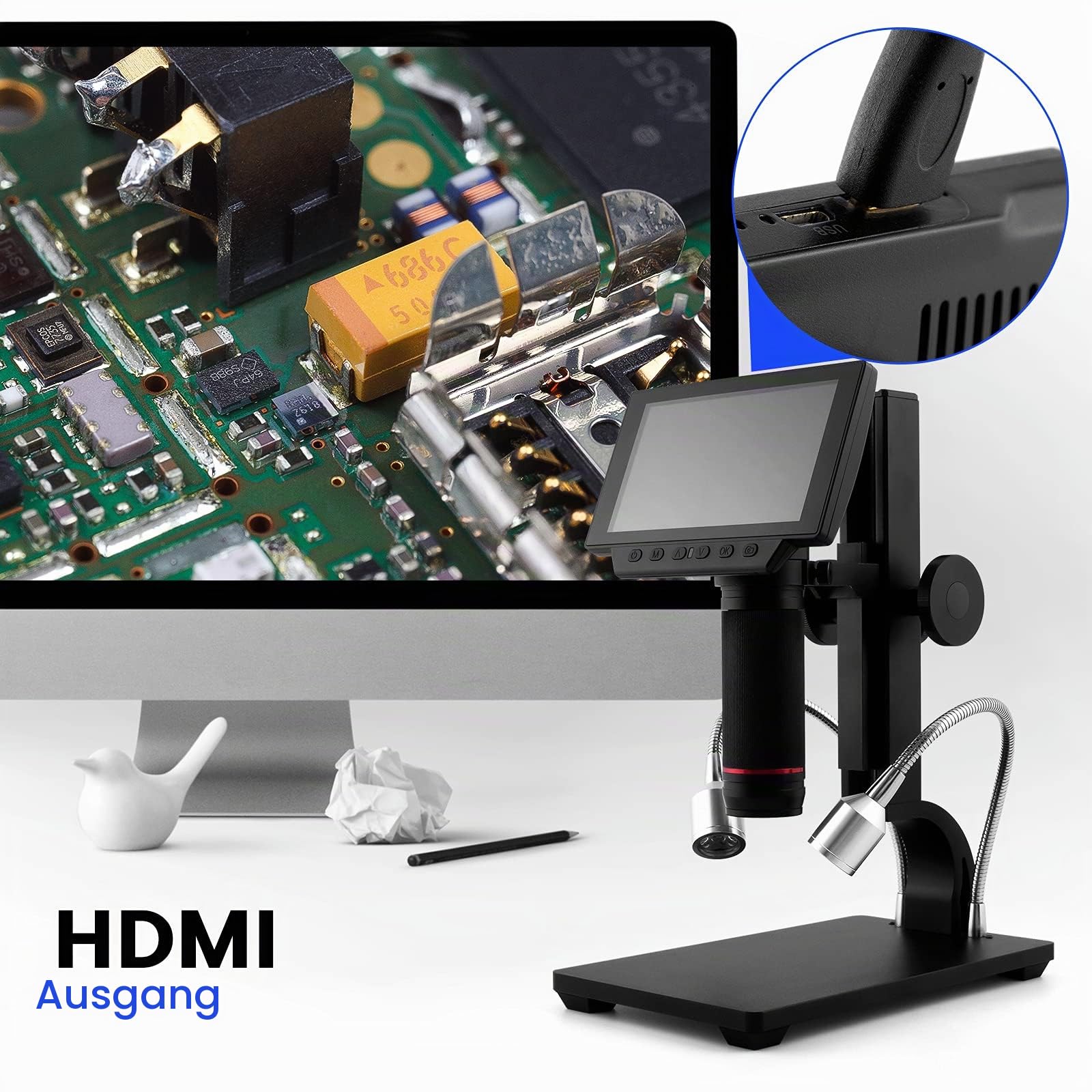 Andonstar ADSM302 Digitales HDMI-Mikroskop für Leiterplatten-Reparatur, 5 Zoll (12,7 cm) Bildschirm, 1080P, als Löthilfe