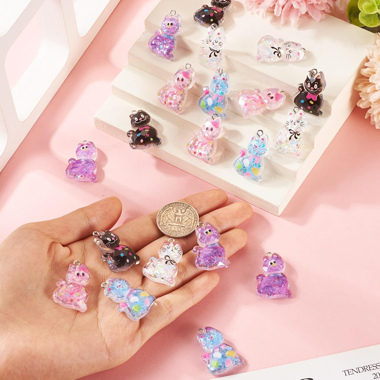 20Pcs Resin Cat Charms Cute Cartoon Kitten Pendants with Glitter Power Pet Animal Dangle Charms Lovely Cat Hang Ornament for DIY Crafts Earring Necklace Keychain Jewelry Making - Image 4