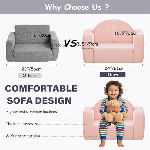 Miniatura 5 de Tiita Silla para niños, sillas plegables cómodas para niños, sofá de felpa 2 en 1 para niños, sillón con reposabrazos de bebé, sofá a tumbona, sofás