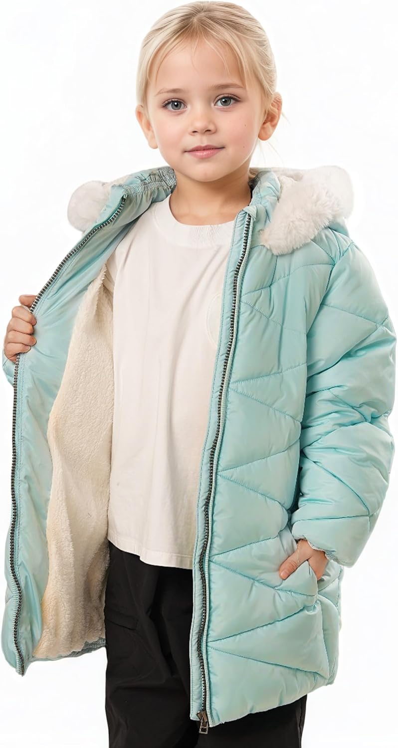 SOLOCOTE Girls Winter Puffer Coat with Faux Fur Hood Sherpa Lined Parka Water-Resistant Windproof Quilted Jacket - Image 4