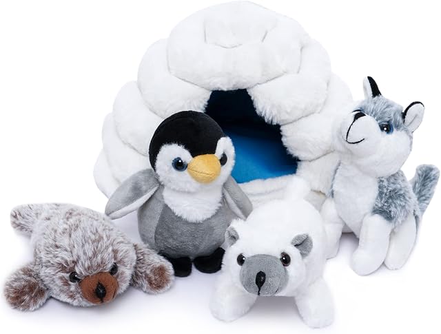 Nleio 5 Piece Baby Stuffed Animals Set with Plush Igloo, Including Seal/Husky/Polar Bear/Penguin Stuffed Animal, Plush Toys Set for Kids Babies Toddlers 