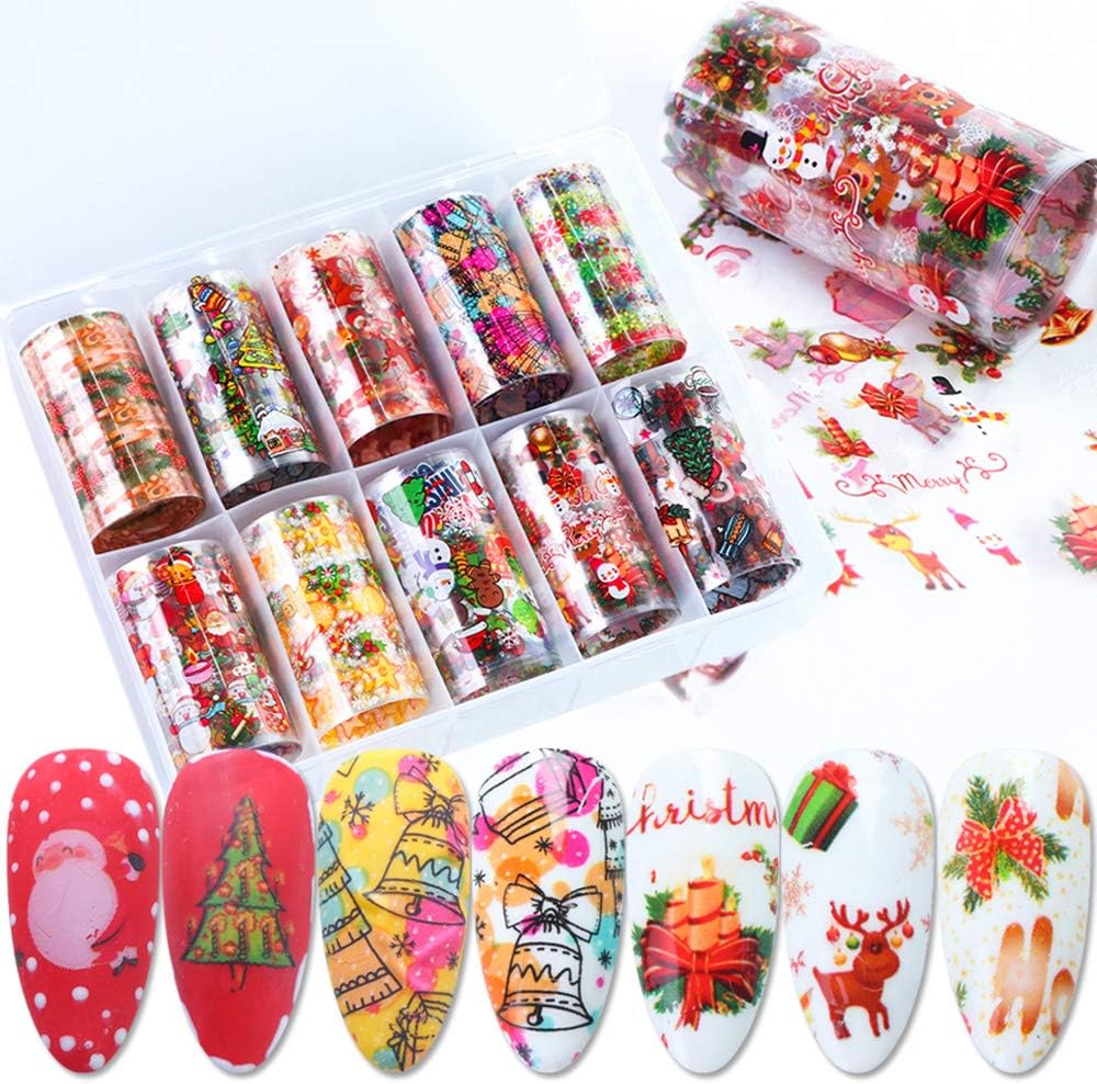Macute Christmas Nail Art Foil Transfers Stickers Winter Series Nail Supplies Foils 10 Rolls Snowman Santa Claus Sugar Bell Snowflake Nail Decals for Christmas Party Favors Gifts Manicure Decorations