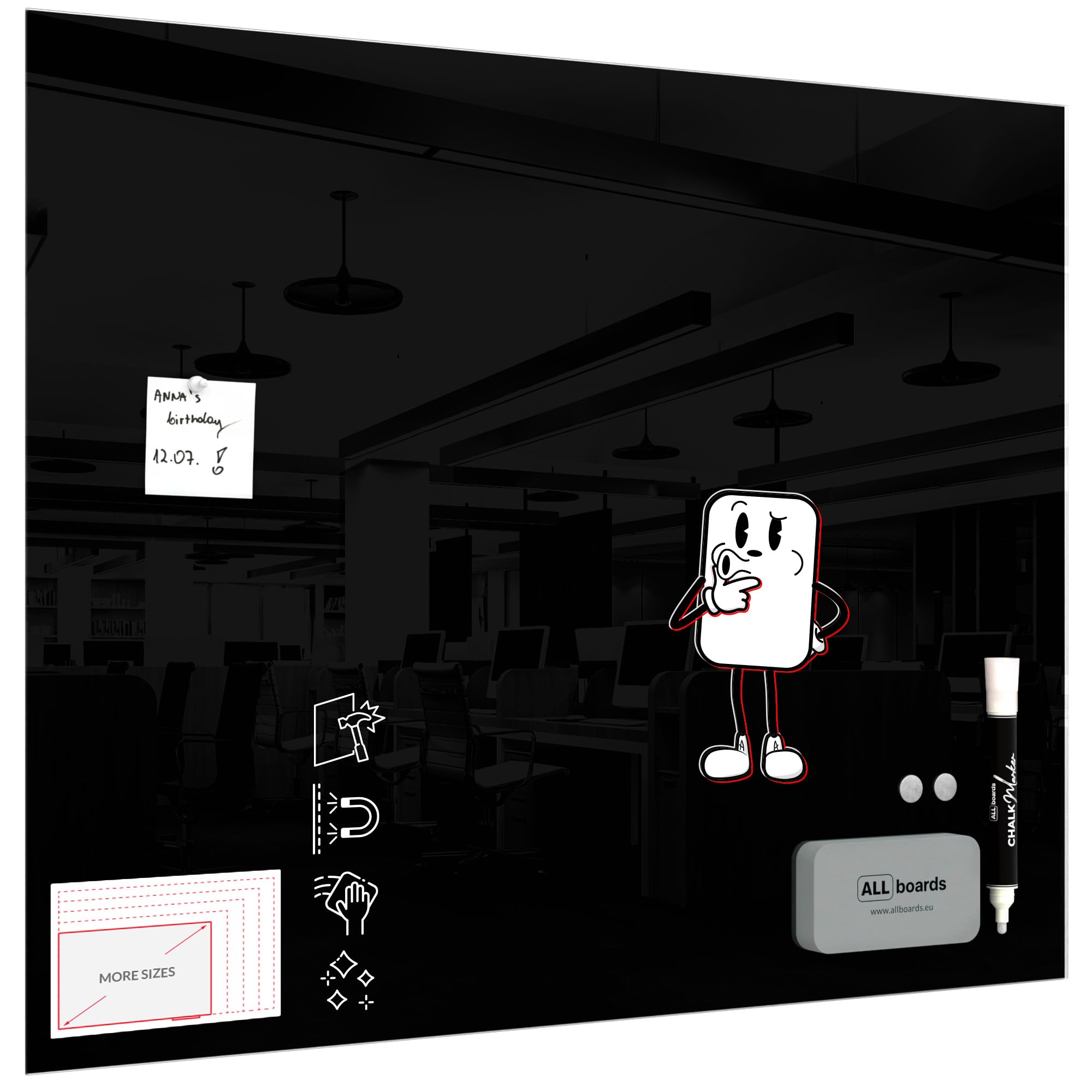 ALLboards Magnetic Black Glass Board 100x80cm, Frameless, Glass Magnetic Board, Tempered Glass, Writing Board