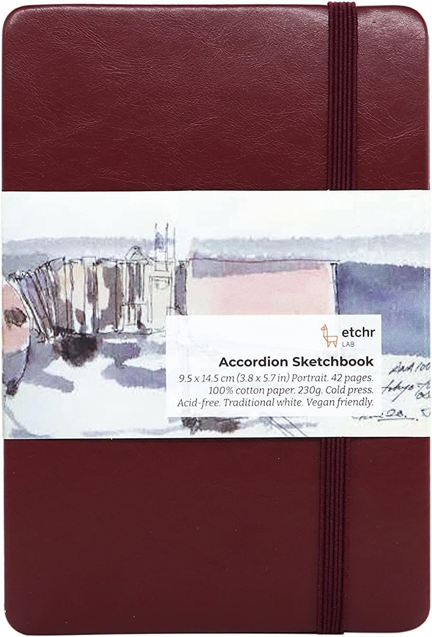 Etchr Watercolor Sketchbook Accordion 4x6in - 100% Cotton Watercolor Paper Journal - Cold Press Watercolor Paper - Use for Watercolor Gouache Mixed Media or to Sketch - Sketchbook for Watercolor