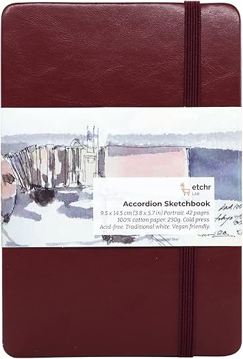 Etchr Watercolor Sketchbook Accordion 4x6in - 100% Cotton Watercolor Paper Journal - Cold Press Watercolor Paper - Use for Watercolor Gouache Mixed Media or to Sketch - Sketchbook for Watercolor