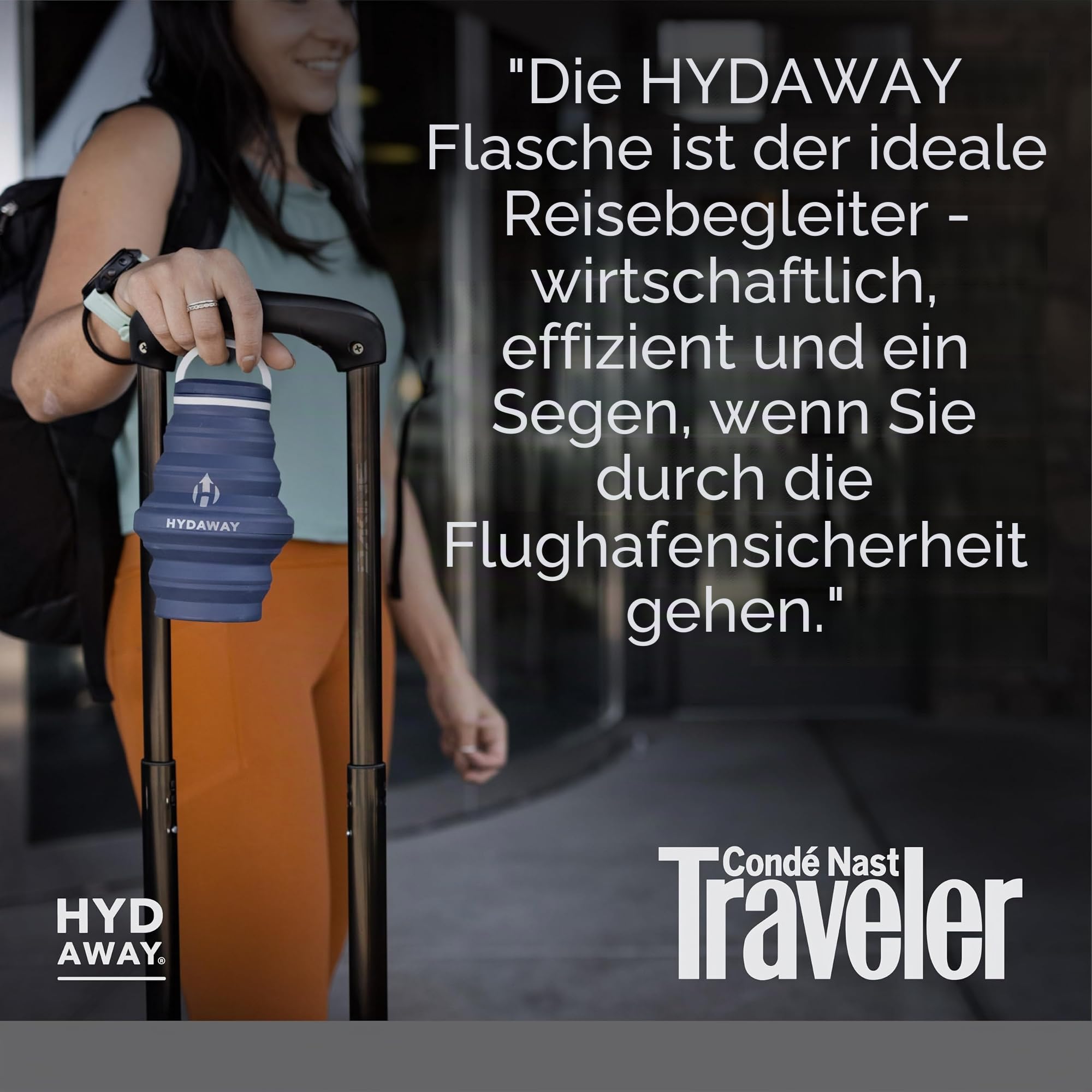 HYDAWAY | zusammenklappbare Wasserflasche mit Auslaufdeckel| ultra-packbar und reisefreundlich | aus lebensmittelechtem Silikon | 750 ml | Design mit großer Kapazität. Flach zusammenklappbar für Handgepäck, Tagesrucksäcke, Wanderrucksäcke. Auslaufsicher,