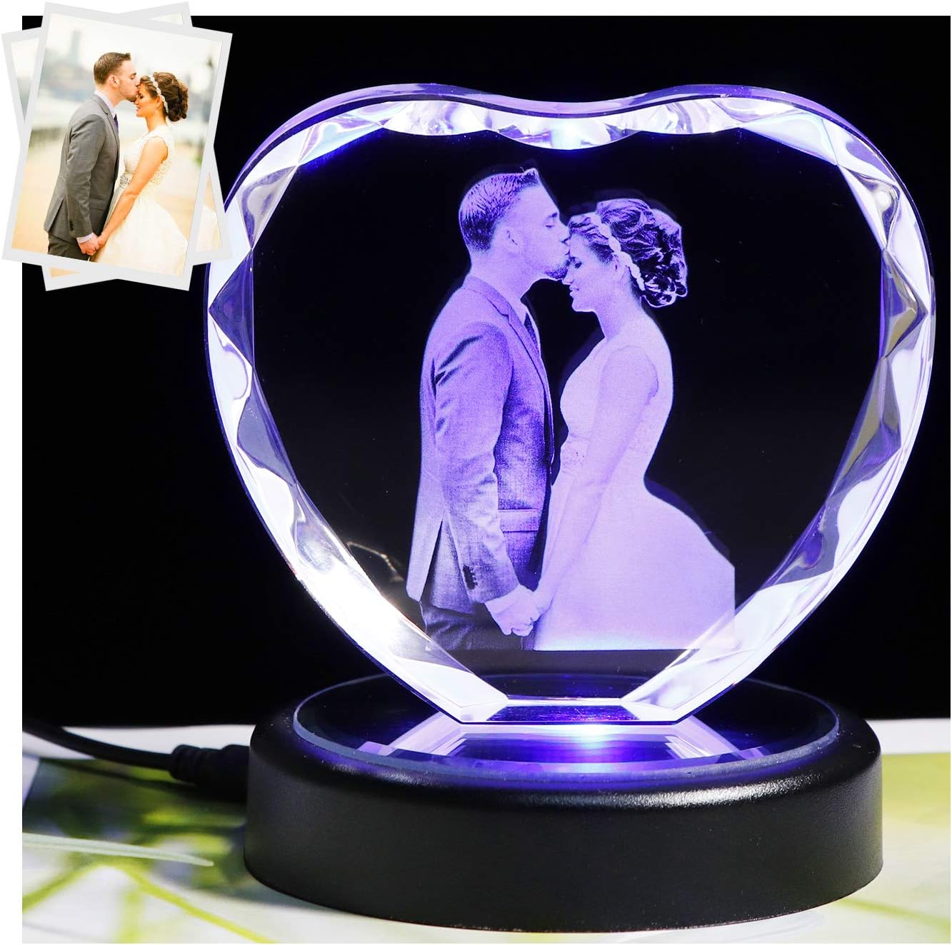 Custom 2D Photo Frame Laser Engraved K9 Crystal Heart Shape, Weddings Anniversary Personalised Gifts for Women Personalised Fathers Mothers Day Gifts