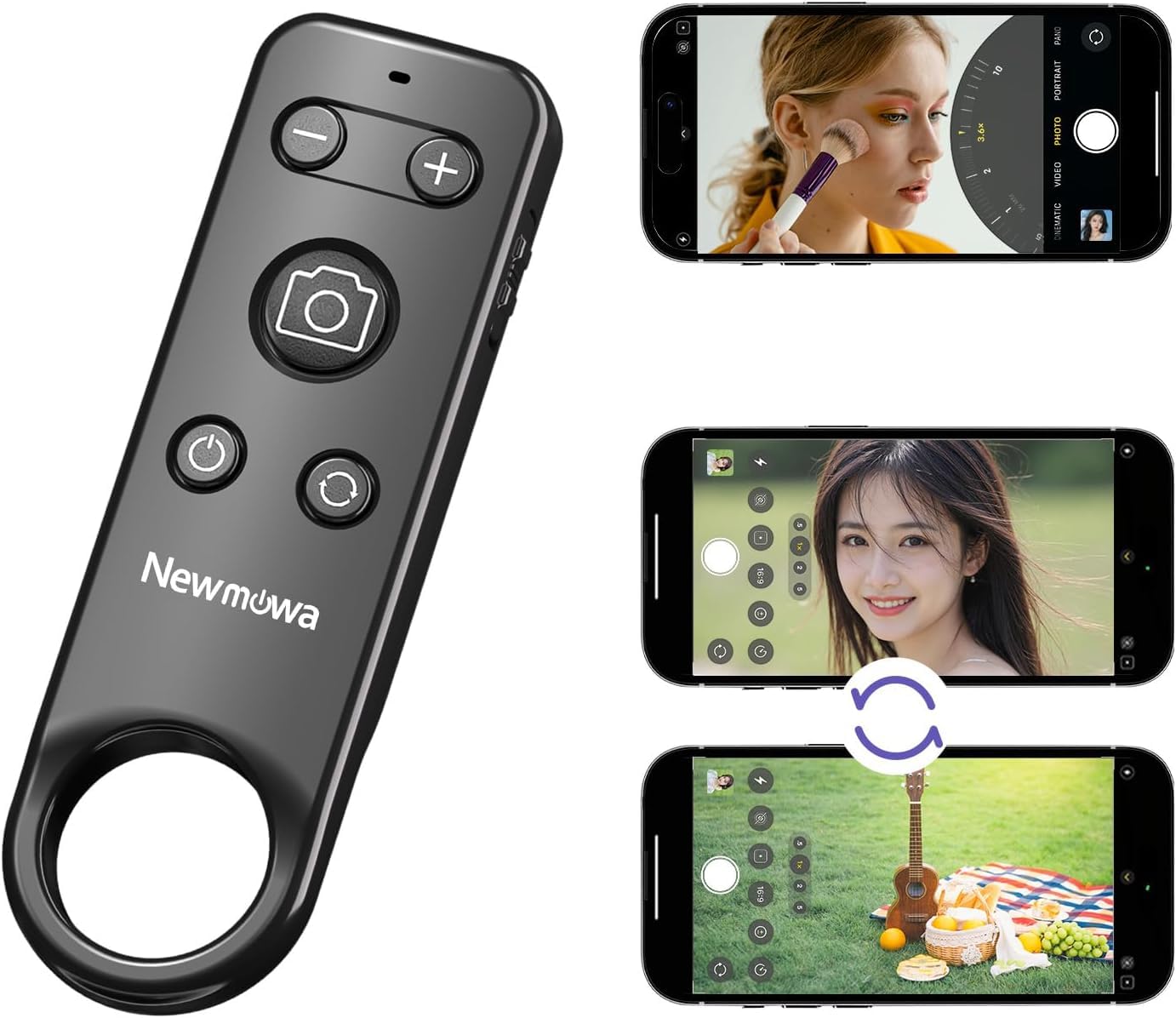 Newmowa Télécommande sans fil Bluetooth pour prise de vue vidéo/zoom/changement d'objectif sur iPhone, télécommande rechargeable pour selfies vlogs, compatible avec iPhone(iOS 15 Above,NOT for iOS 26)