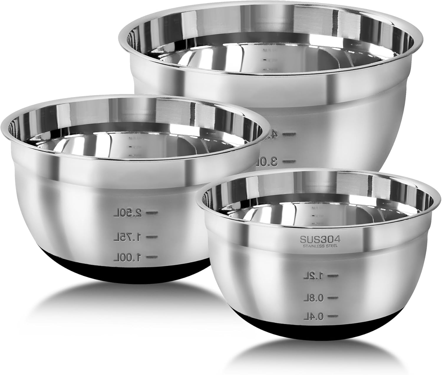 3 Piece SUS304 Stainless Steel Mixing Bowls Set, Large Salad Bowl for Kitchen, Baking and Meal prep, Food-Grade Steel