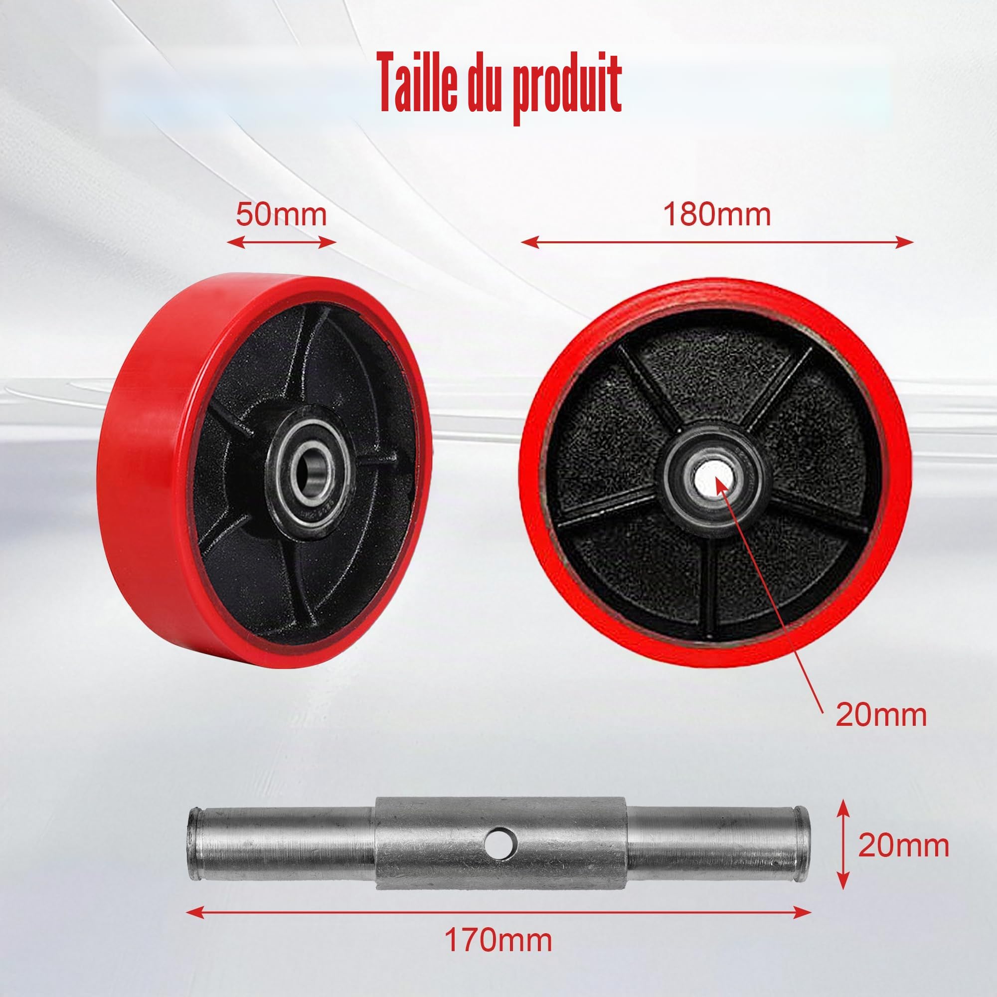 Lot de 2 roulettes de transpalette, 180 x 50 mm, avec roulement à billes, en polyuréthane, pour transpalette, avec axe